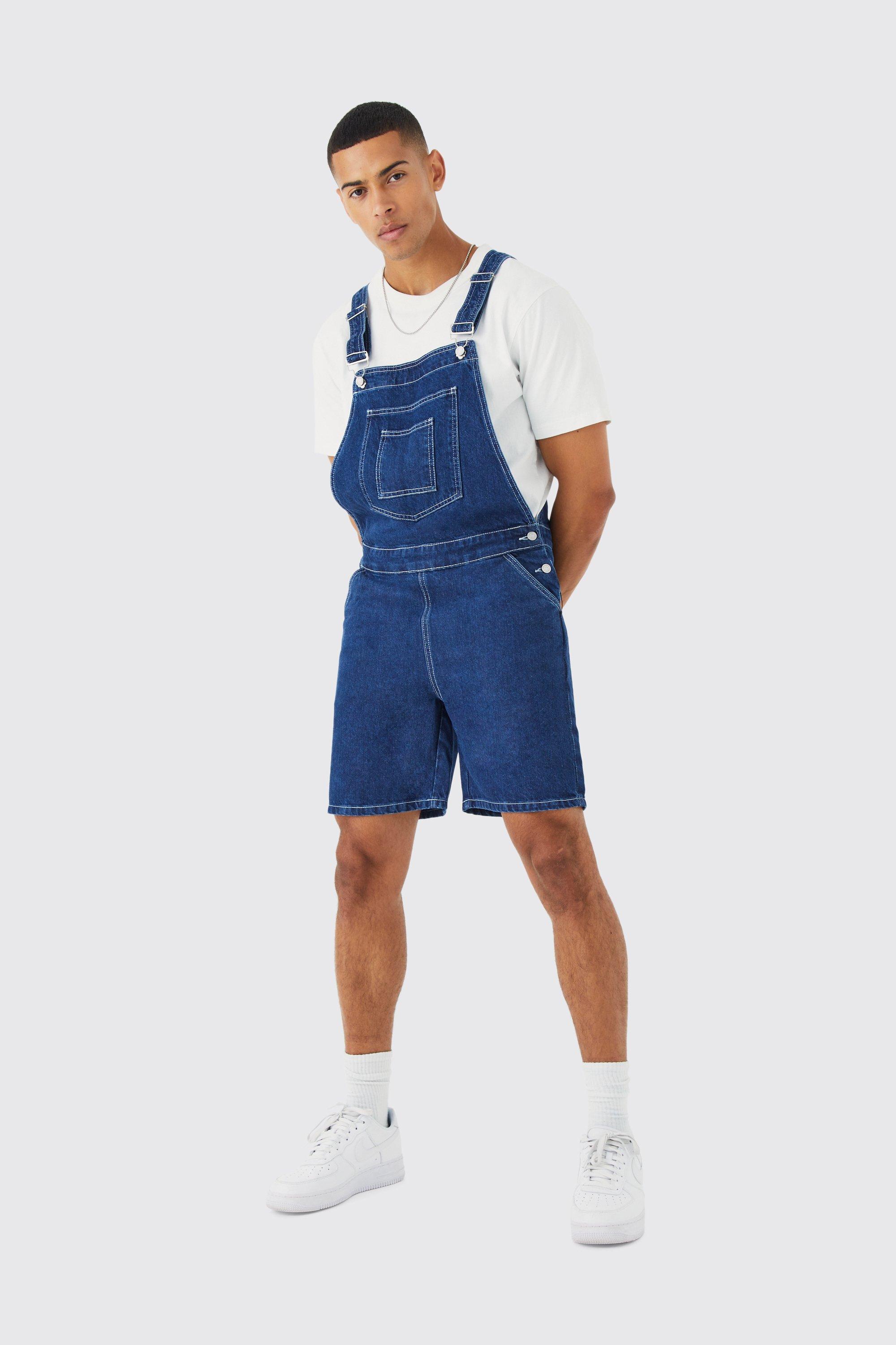 Mens Blue Relaxed Contrast Stitch Denim Short Dungarees, Blue