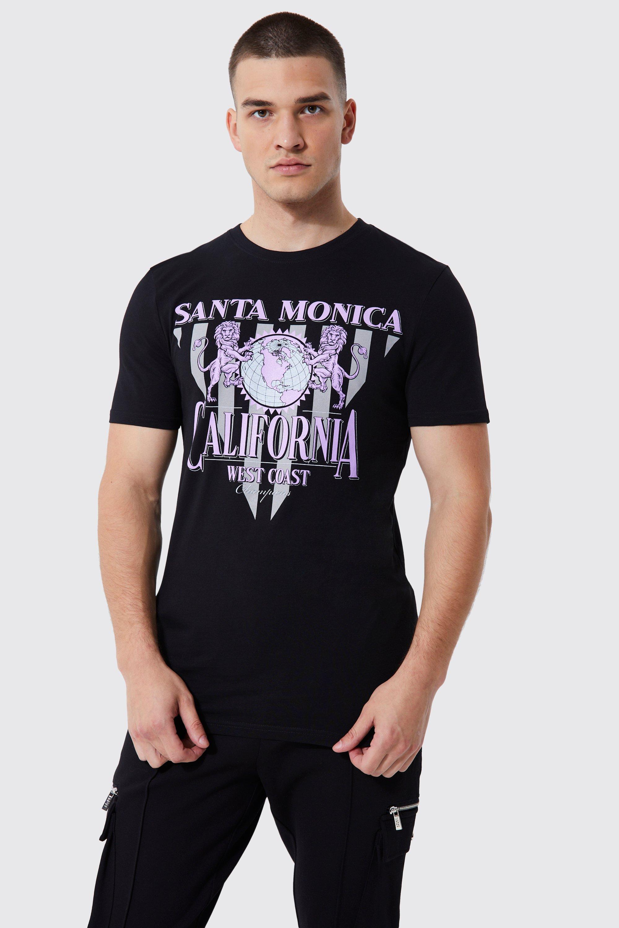 Mens Black Tall Muscle Fit Santa Monica Graphic T-shirt, Black
