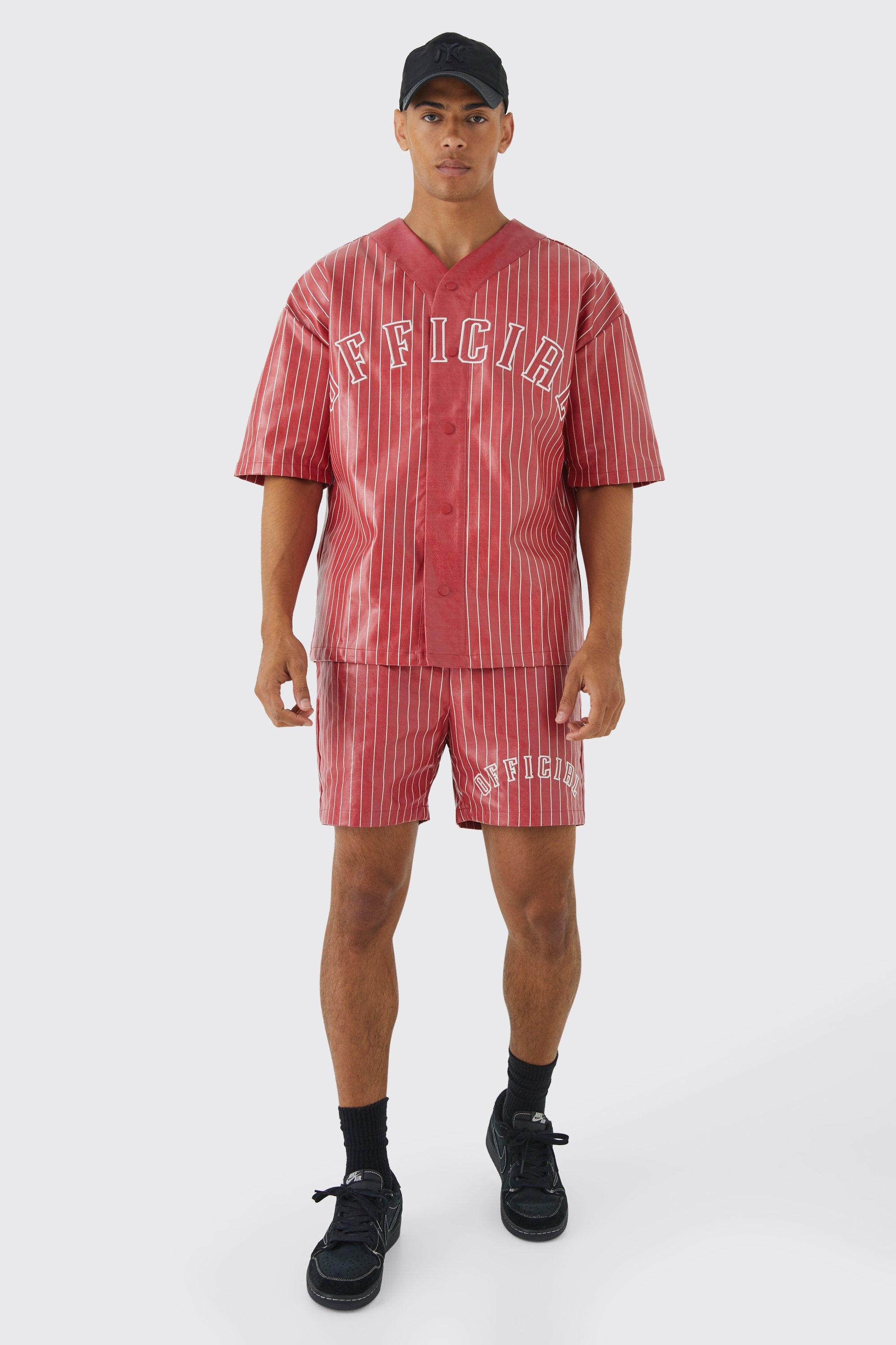 Image of Set camicia da baseball oversize a maniche corte in PU & pantaloncini, Rosso