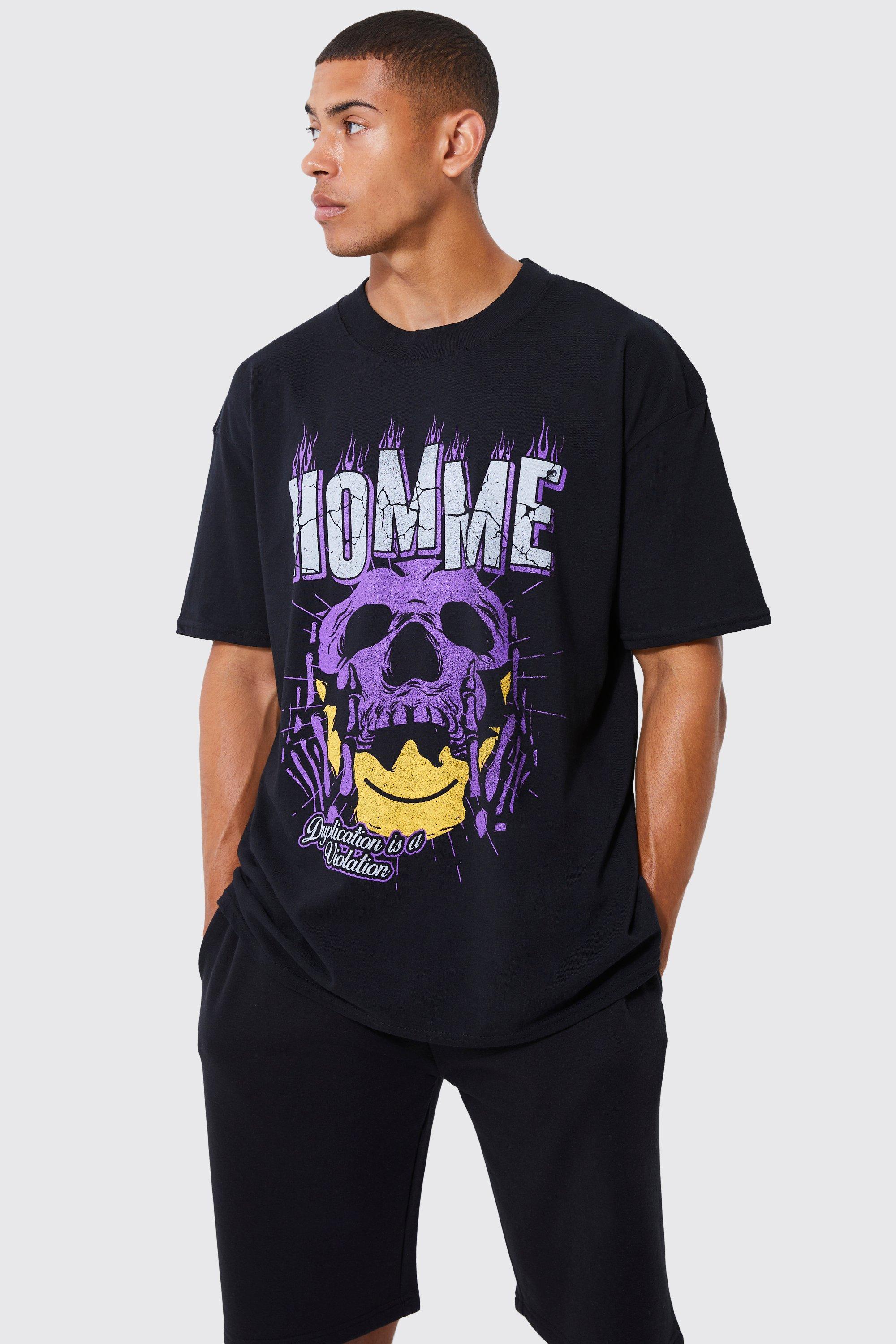 Mens Black Oversized Homme Skull Graphic T-shirt, Black