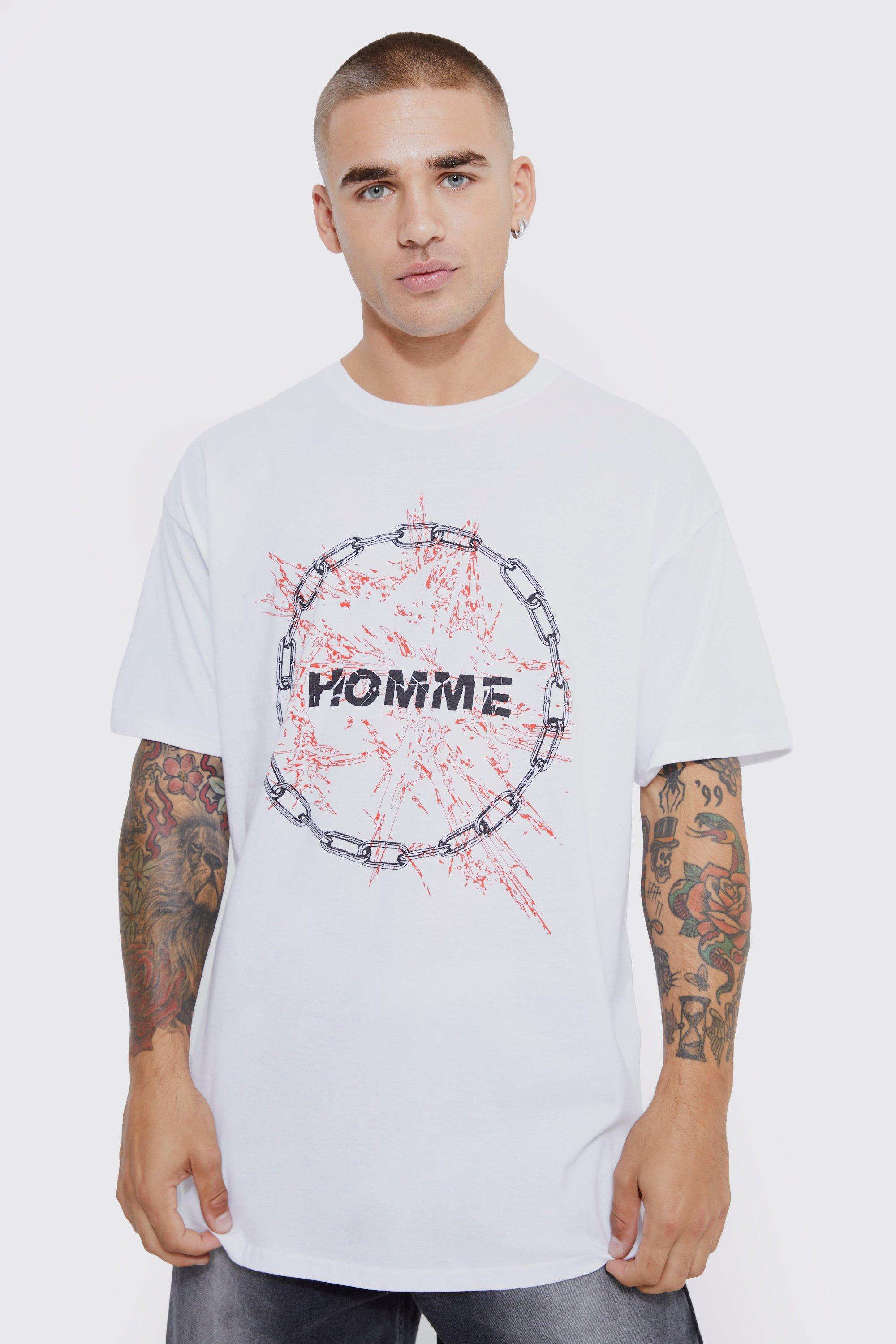 Mens Oversized Homme Chain Detail Print T-Shirt - White -