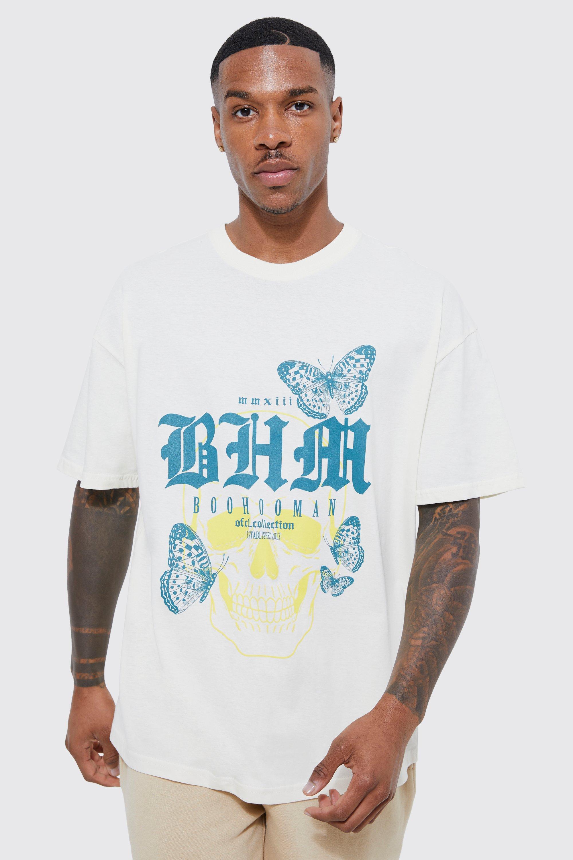 Mens Cream Oversized Butterfly Skull Print T-shirt, Cream