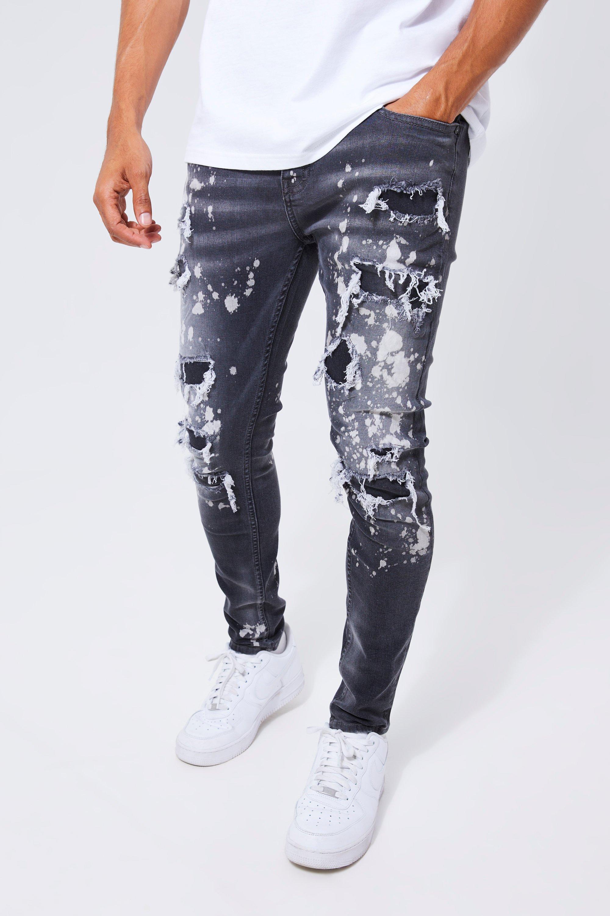 Mens Grey Skinny Stetch All Over Ripped Bleached Jeans, Grey