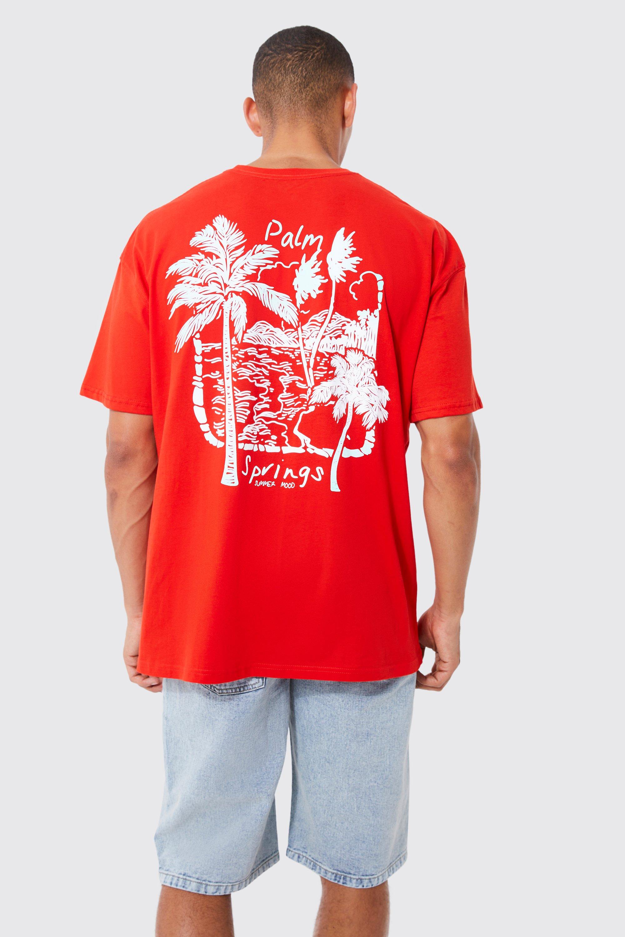 Mens Red Oversized Palm Springs Back Graphic T-shirt, Red
