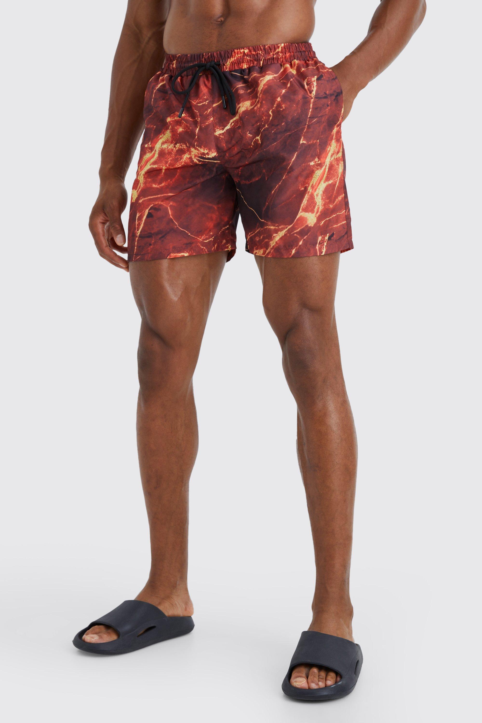 Mens Red Mid Length Marble Swim Shorts, Red