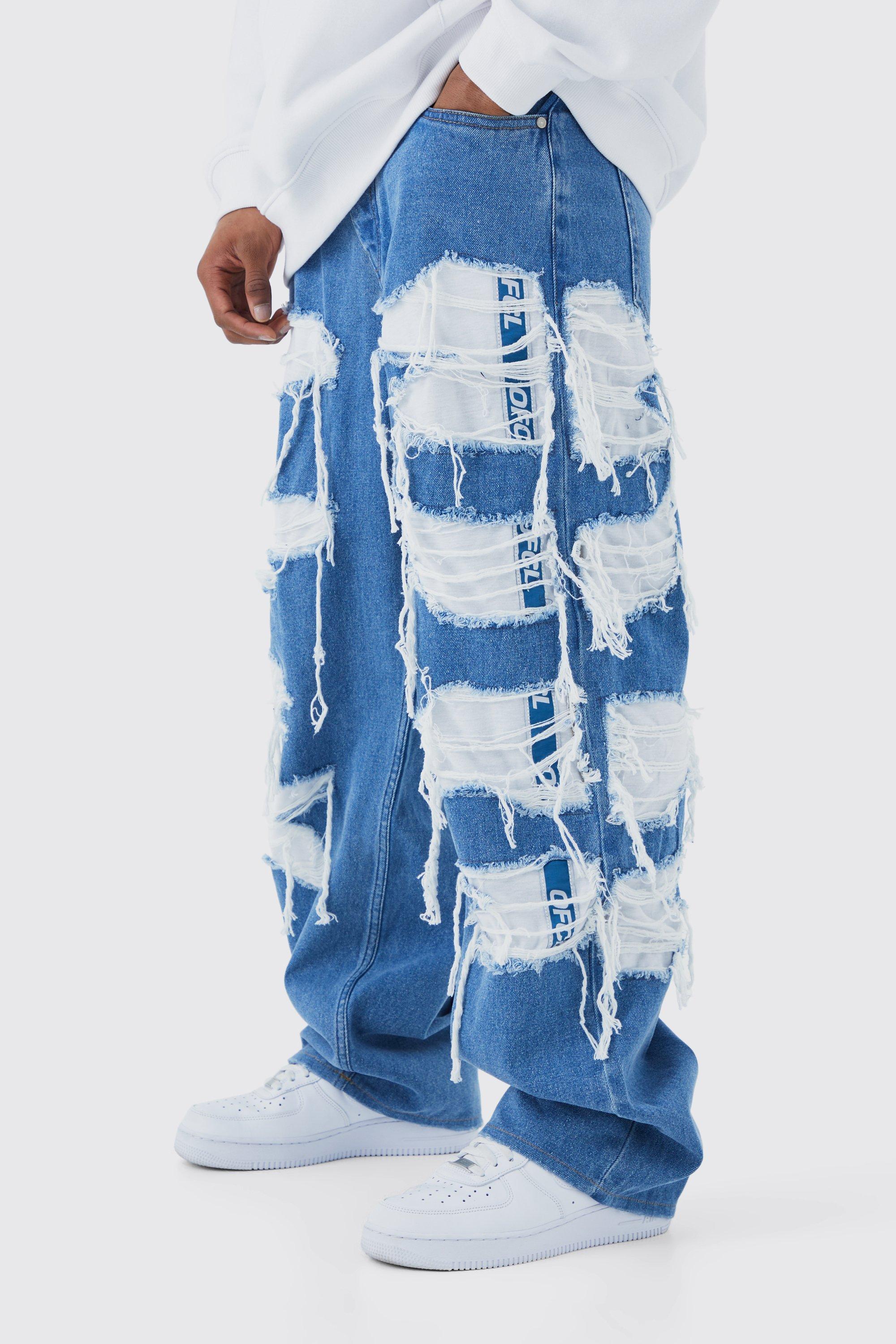 Mens Blue Baggy Rigid Jean With Jersey Jogger Underlay, Blue