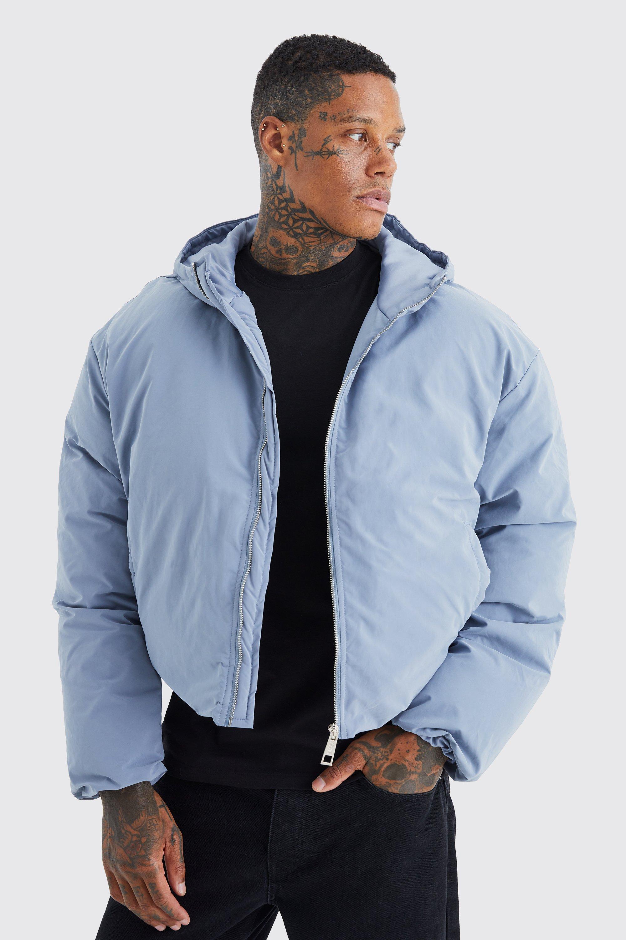 Mens Blue Boxy Peached Nylon Hooded Puffer, Blue