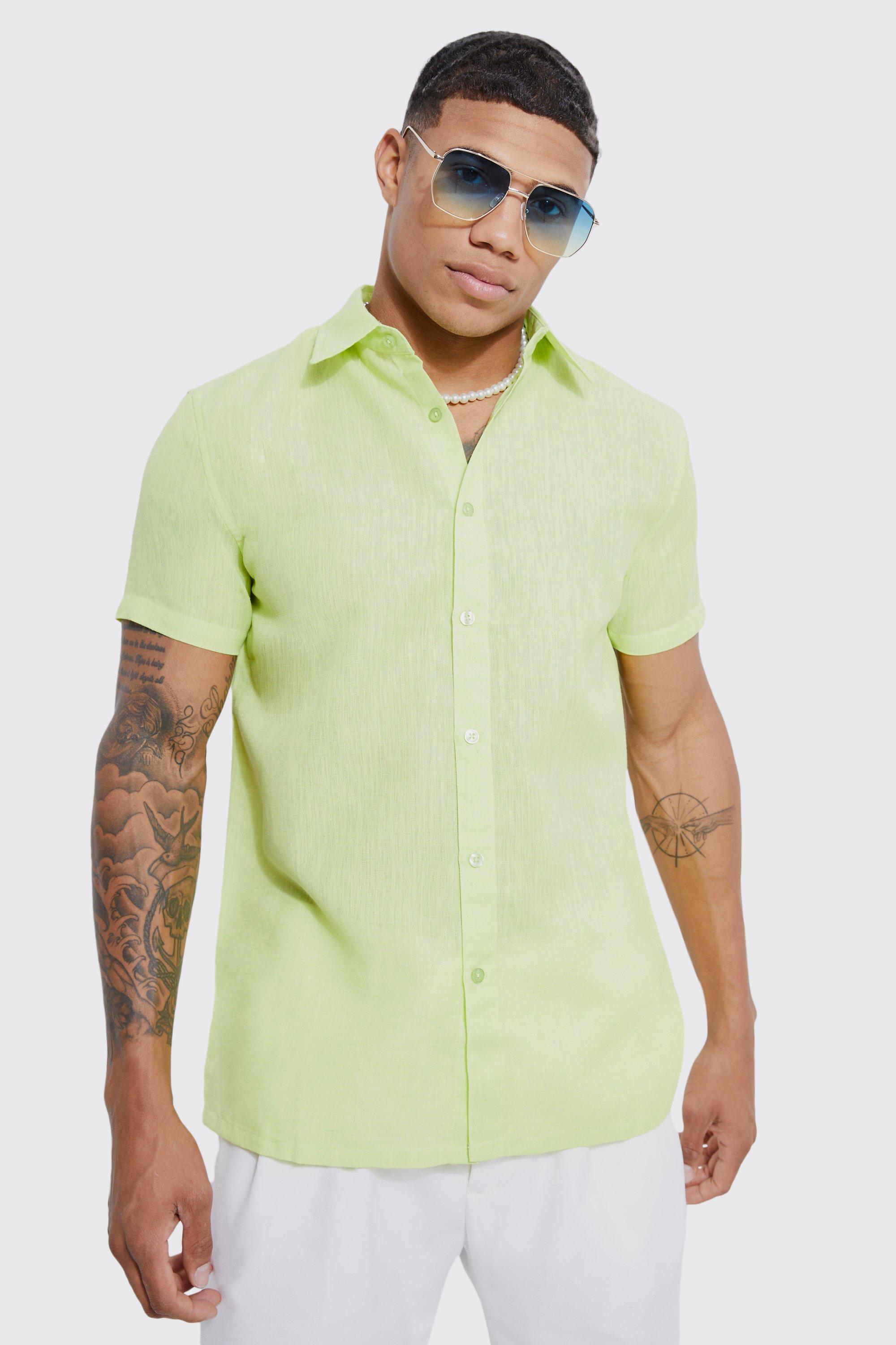 Mens Green Short Sleeve Contrast Linen Look Slub Shirt, Green