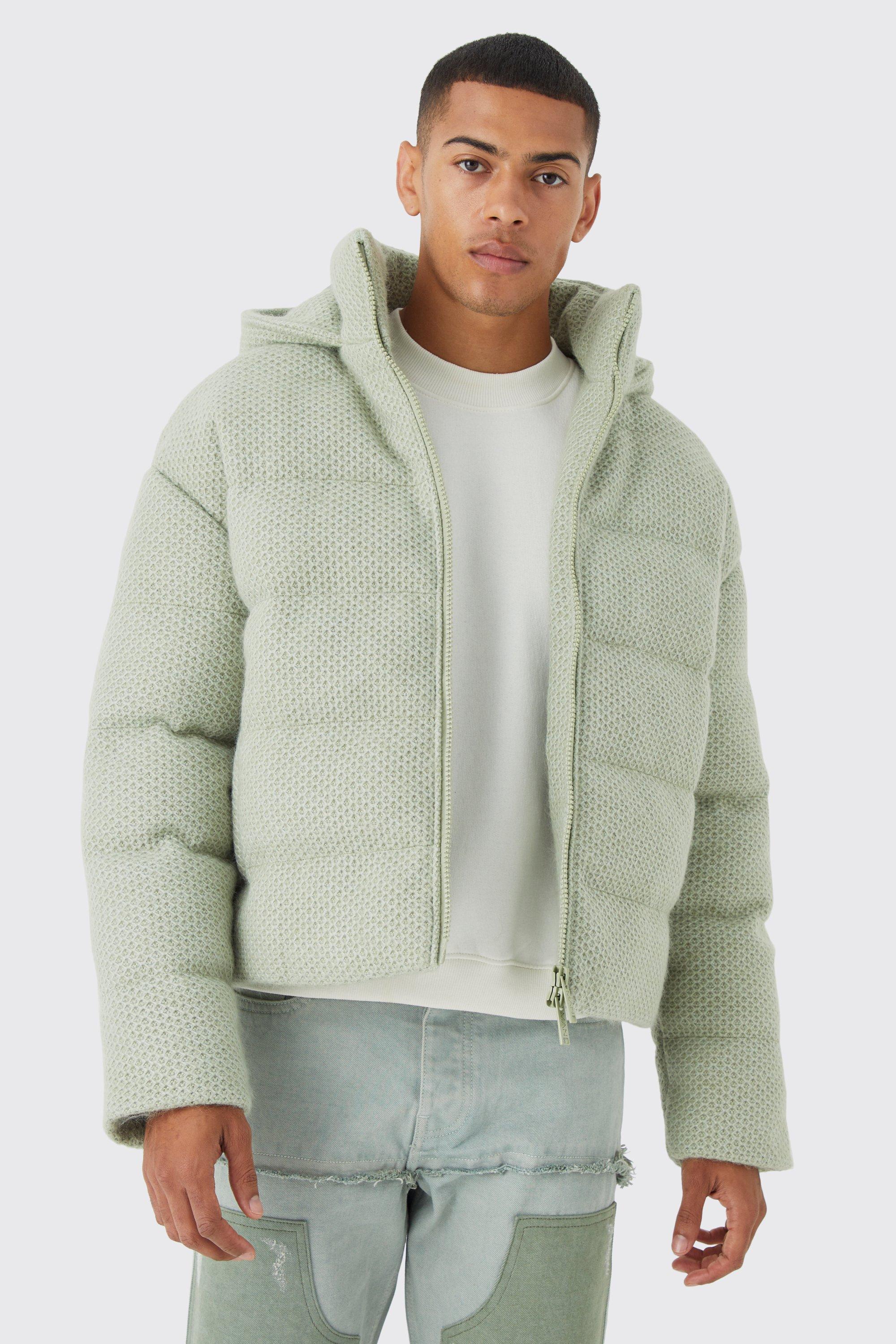 Mens Green Heavyweight Brushed Knit Quilted Puffer With Hood, Green