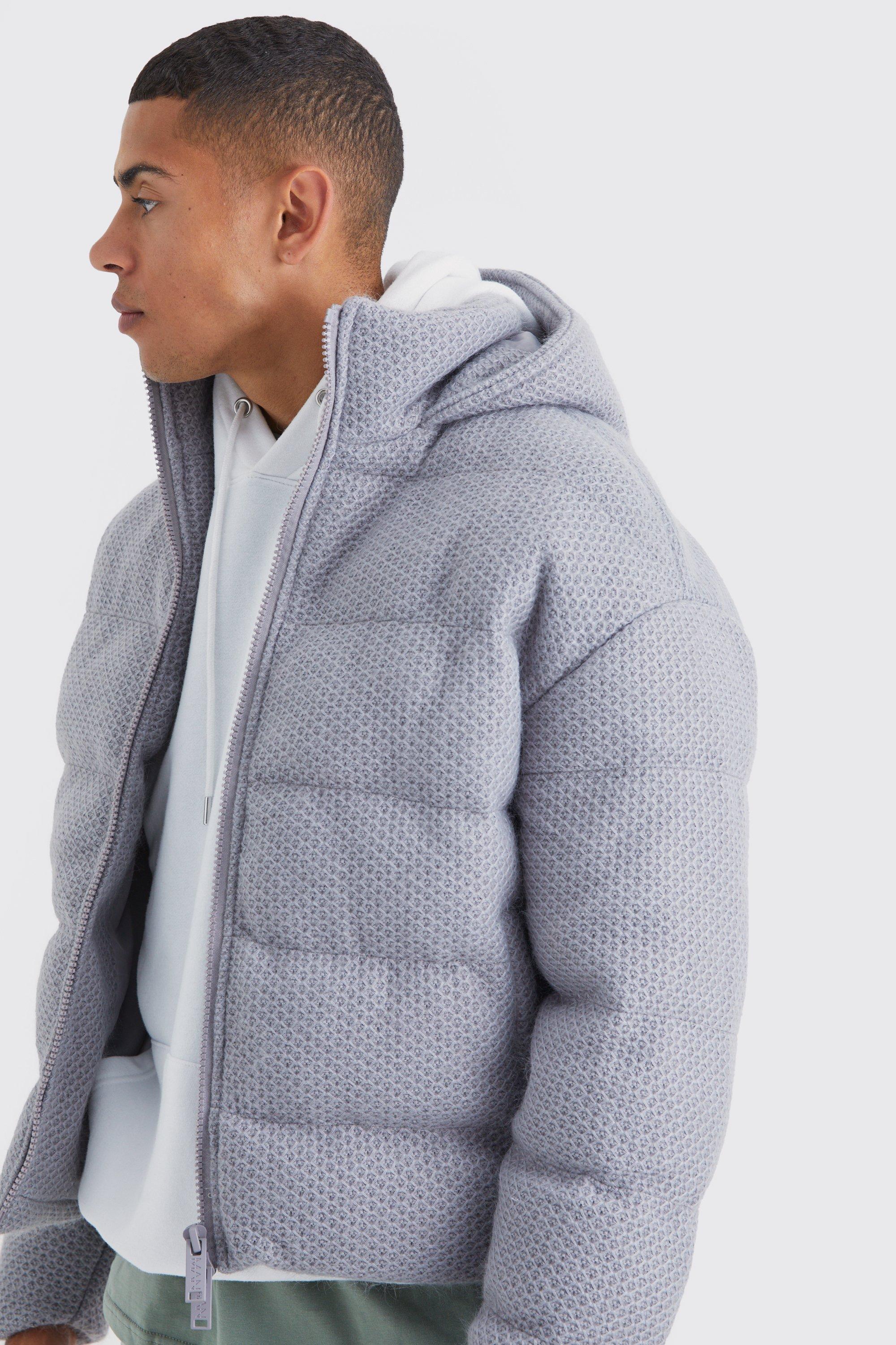 Mens Grey Heavyweight Brushed Knit Quilted Puffer With Hood, Grey