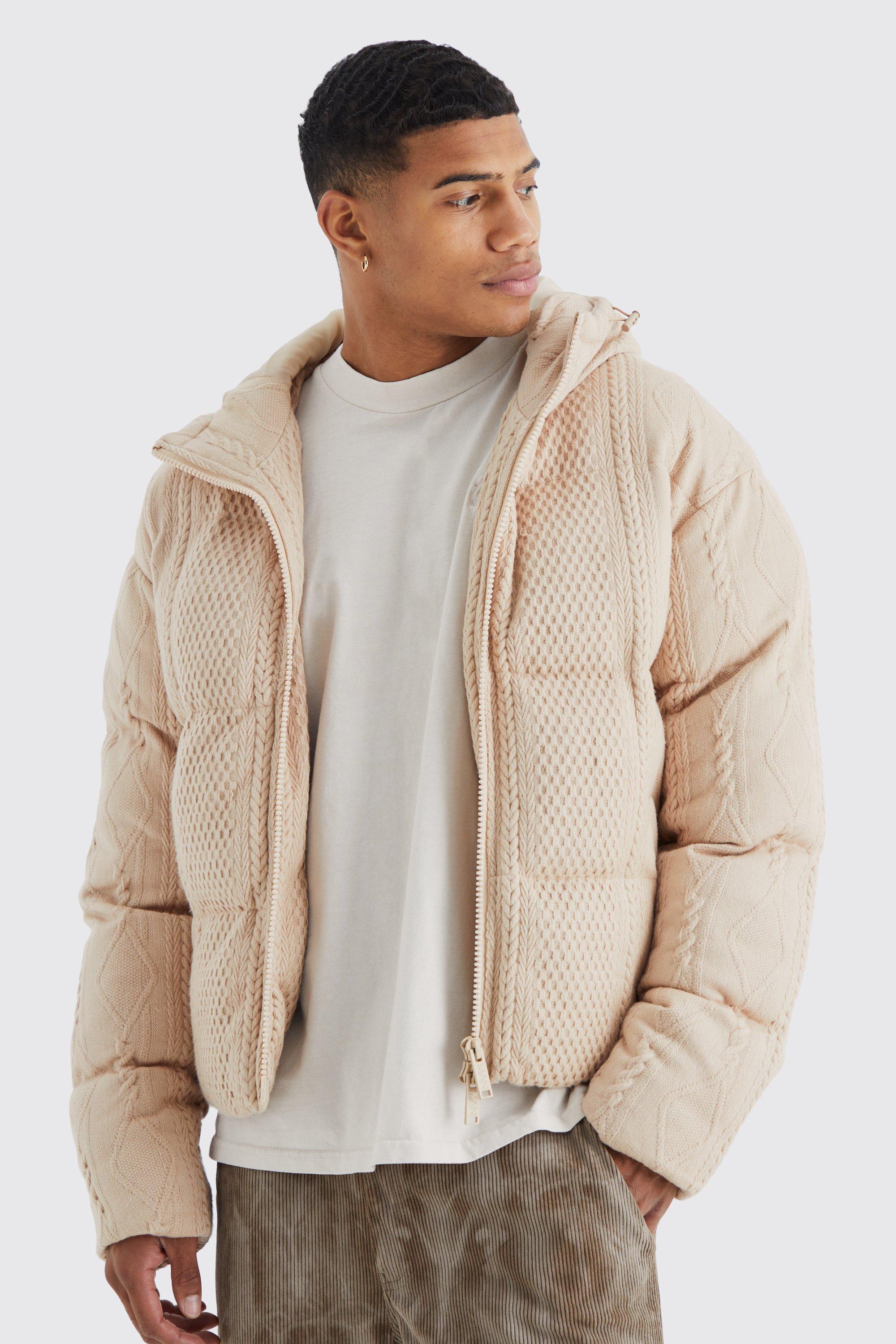 Mens Beige Heavyweight Cable Knitted Puffer With Hood, Beige