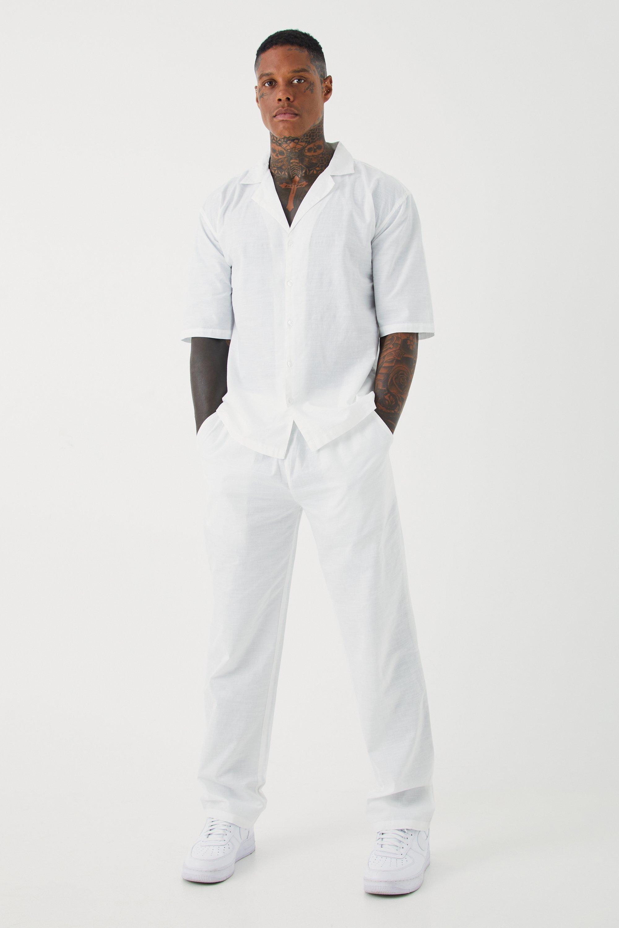ensemble en lin avec chemise à manches courtes et pantalon droit homme - blanc - l, blanc
