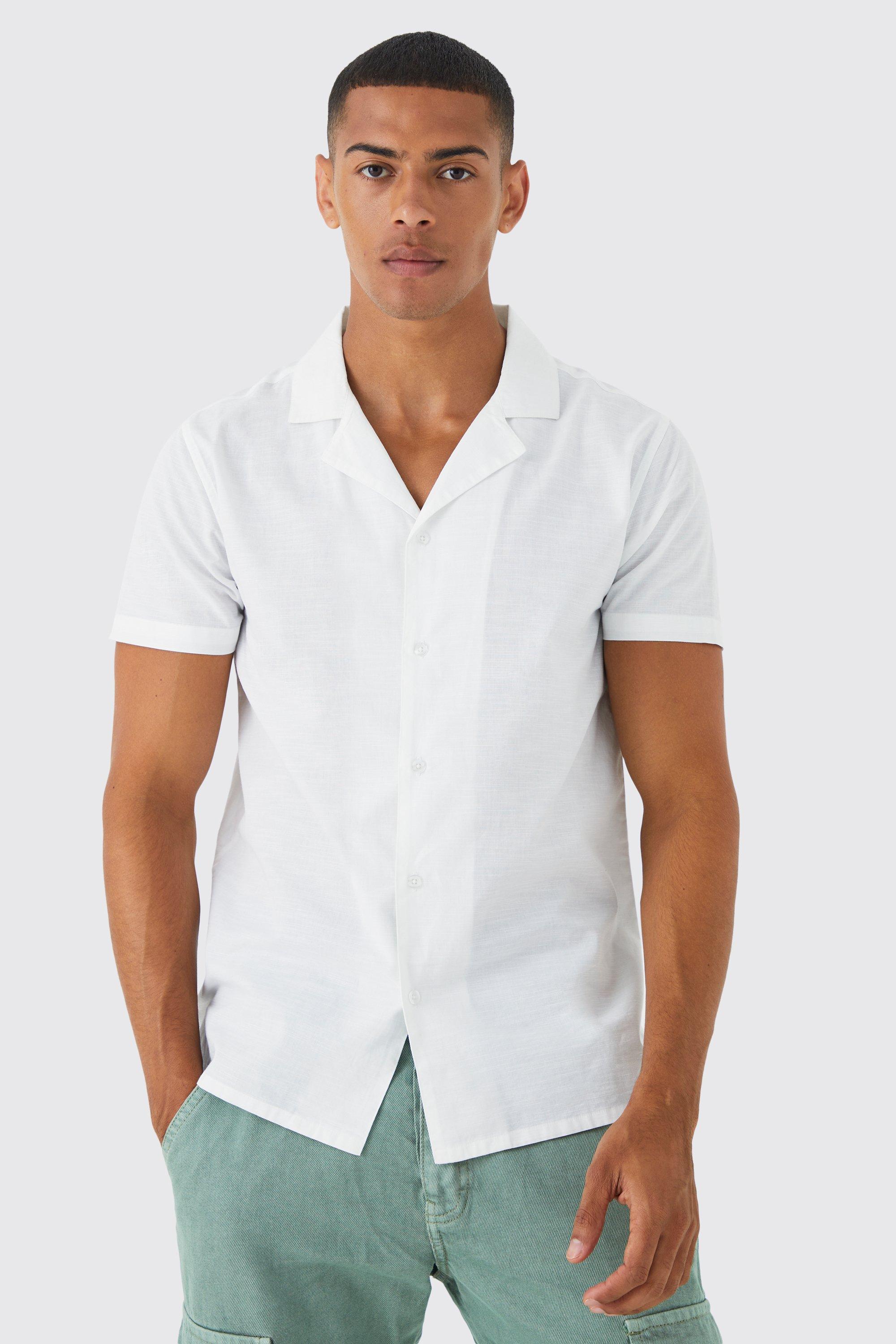 Mens White Short Sleeve Linen Look Revere Shirt, White