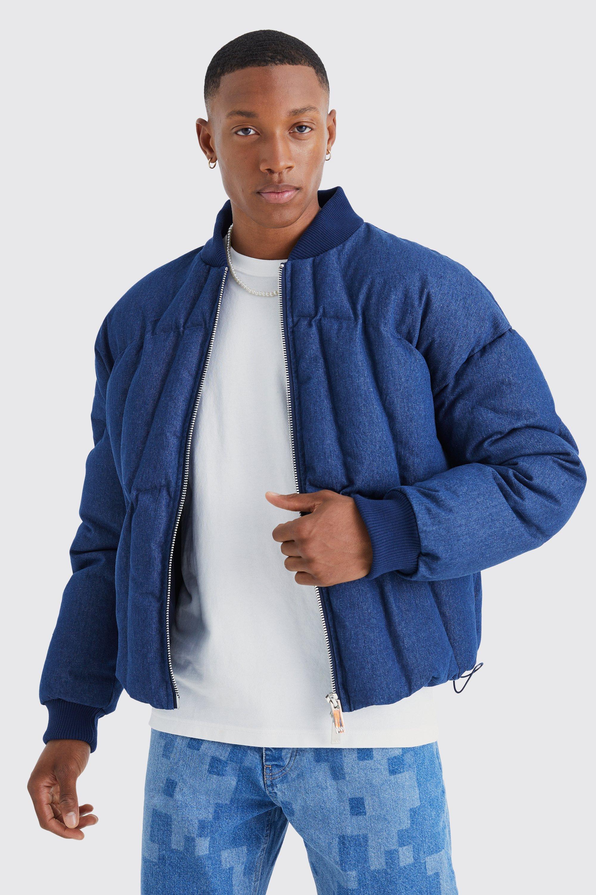 Mens Blue Boxy Fit Denim Puffer Jacket With Bomber Neck, Blue