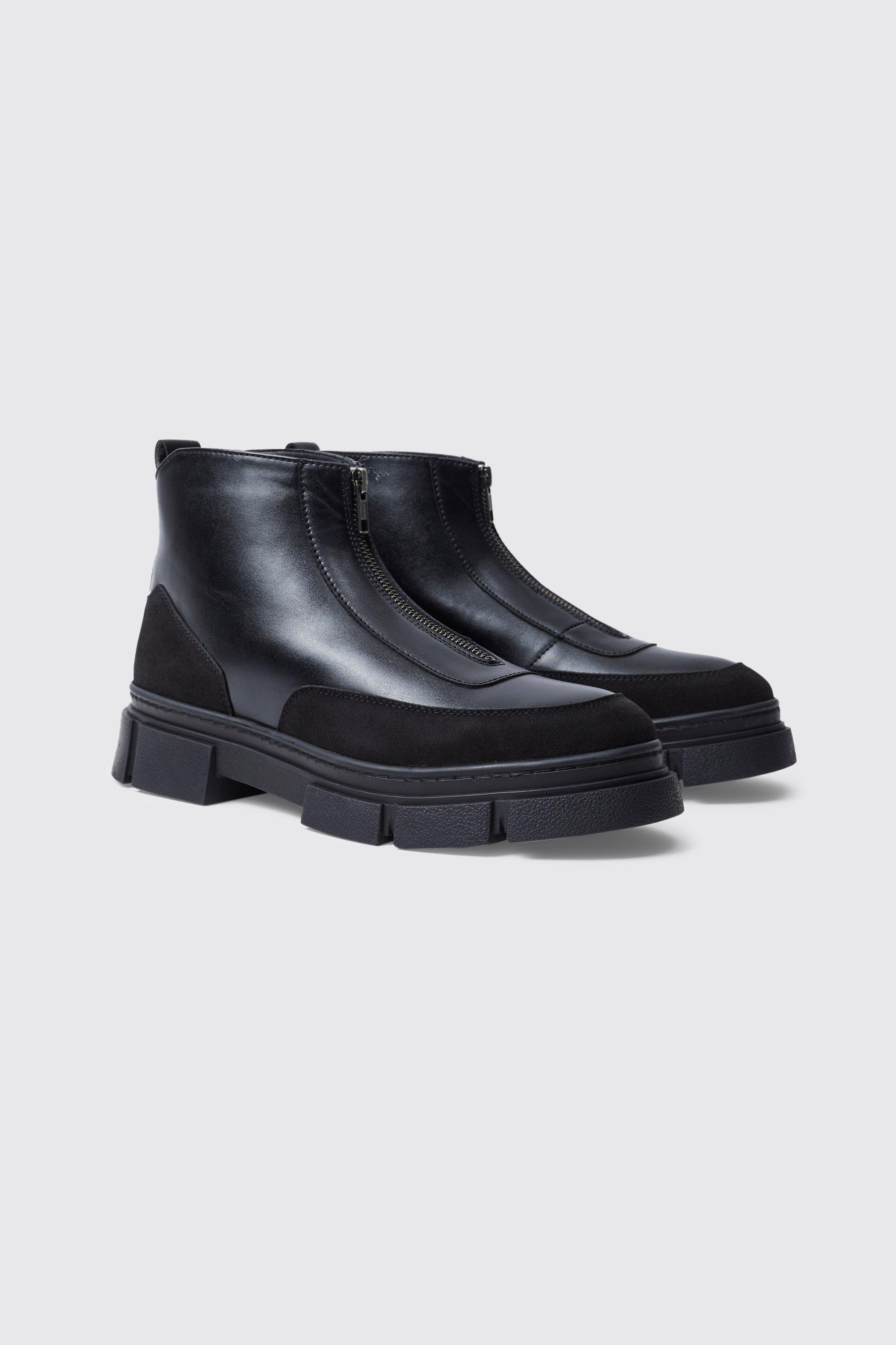 Mens Black Panel Detail Faux Leather Zip Boots, Black