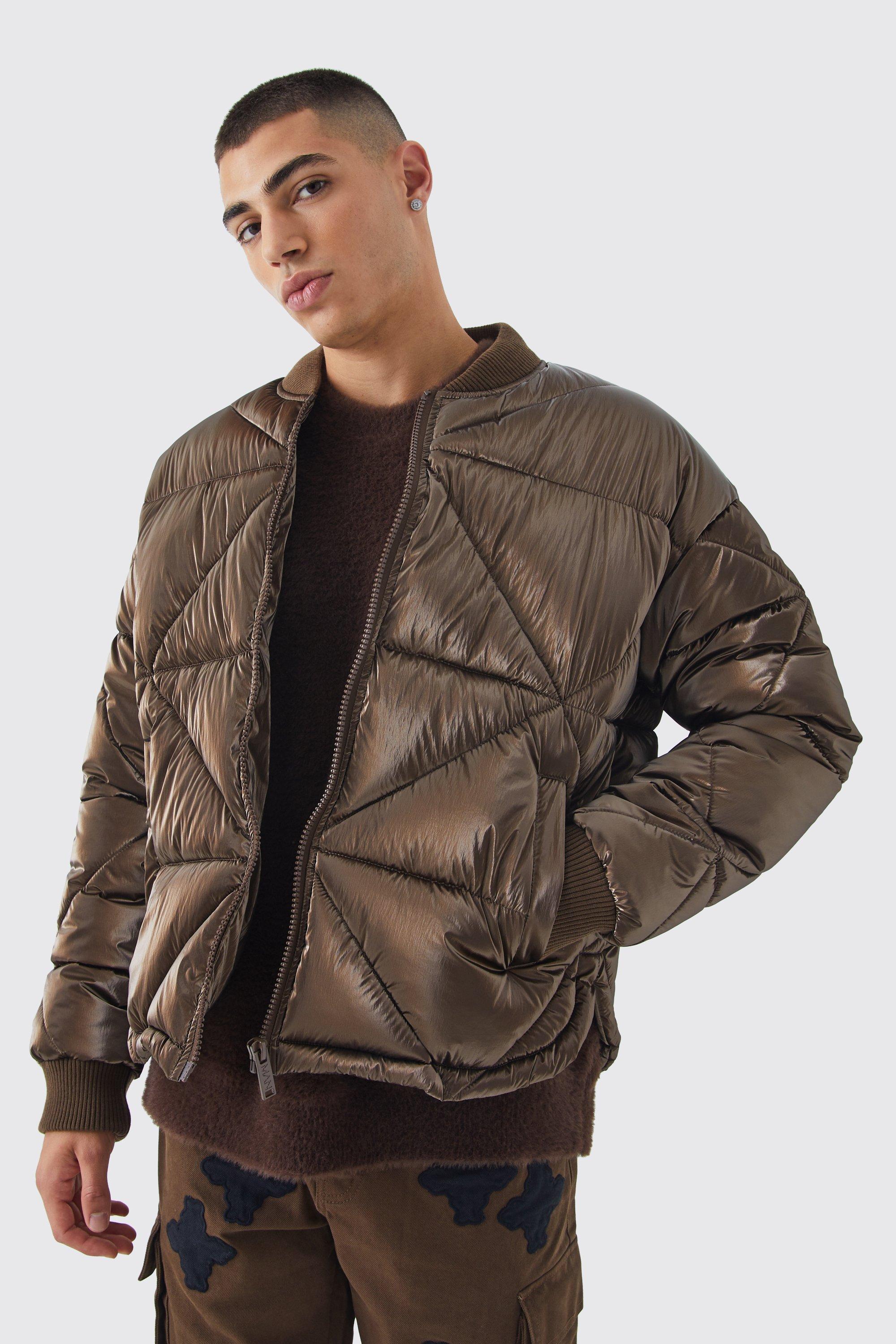 Mens Brown Metallic Quilted Puffer Bomber, Brown