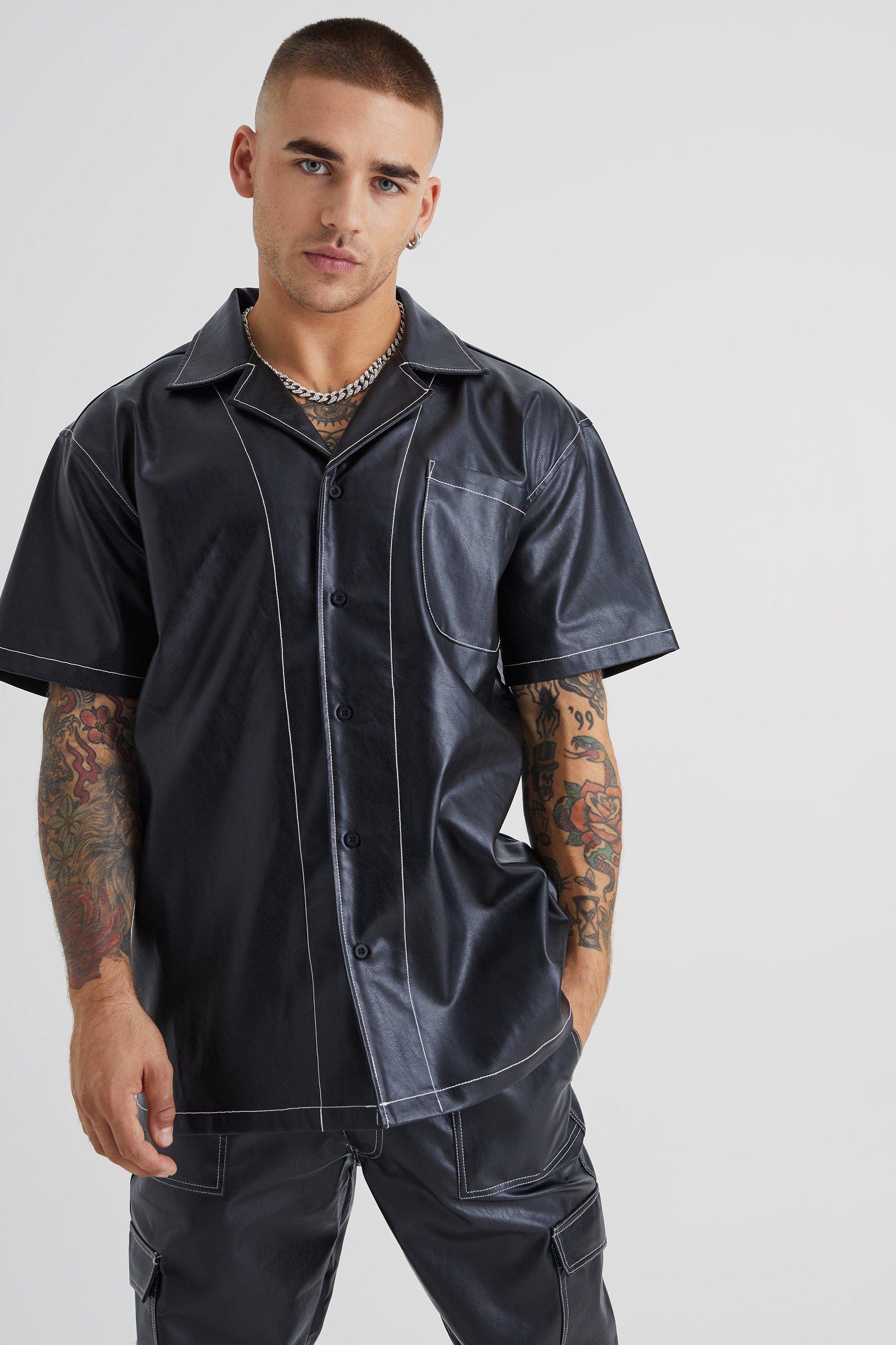 Mens Black Short Sleeve Oversized Contrast Stitch Pu Shirt, Black
