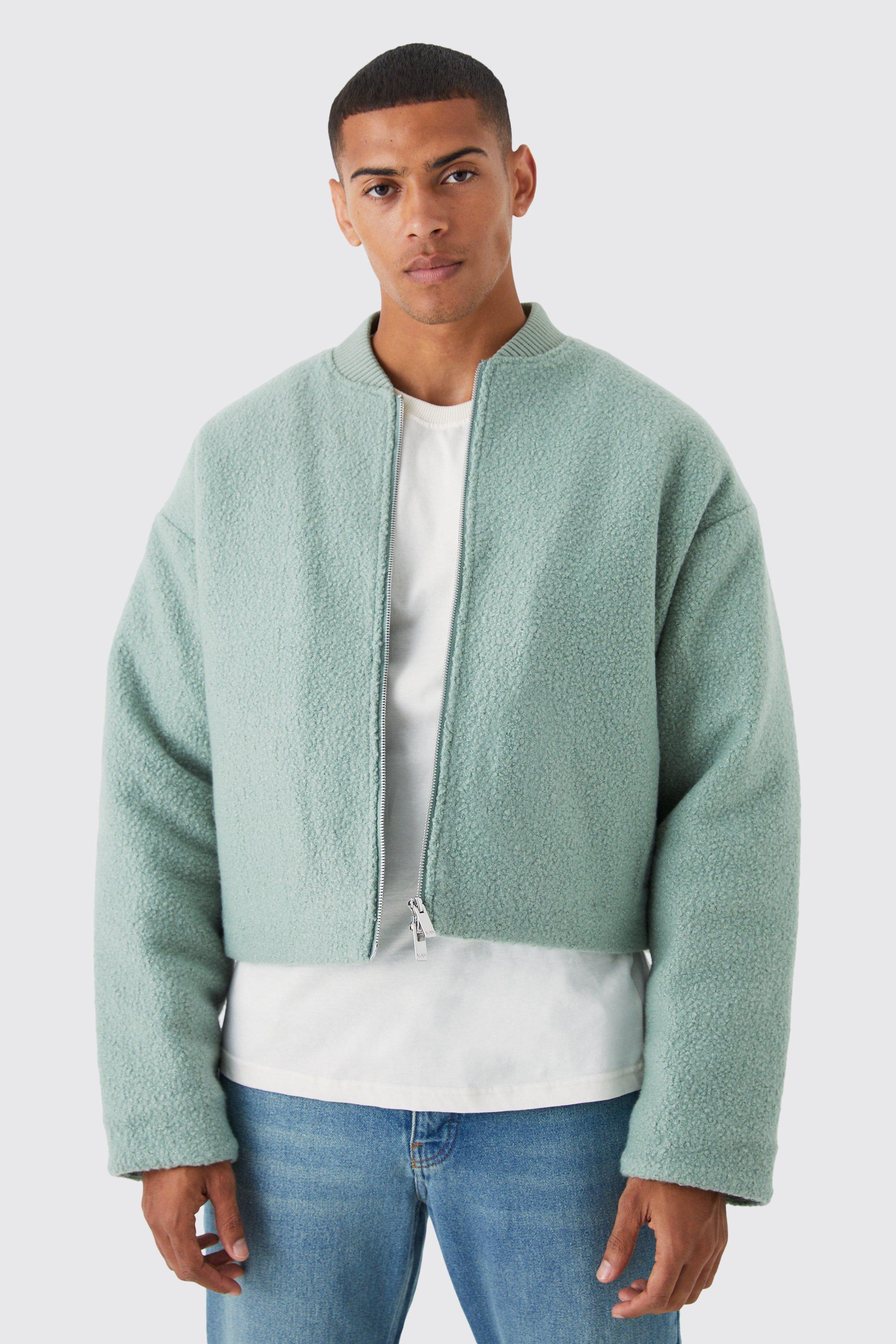 Mens Green Boucle Textured Padded Bomber, Green