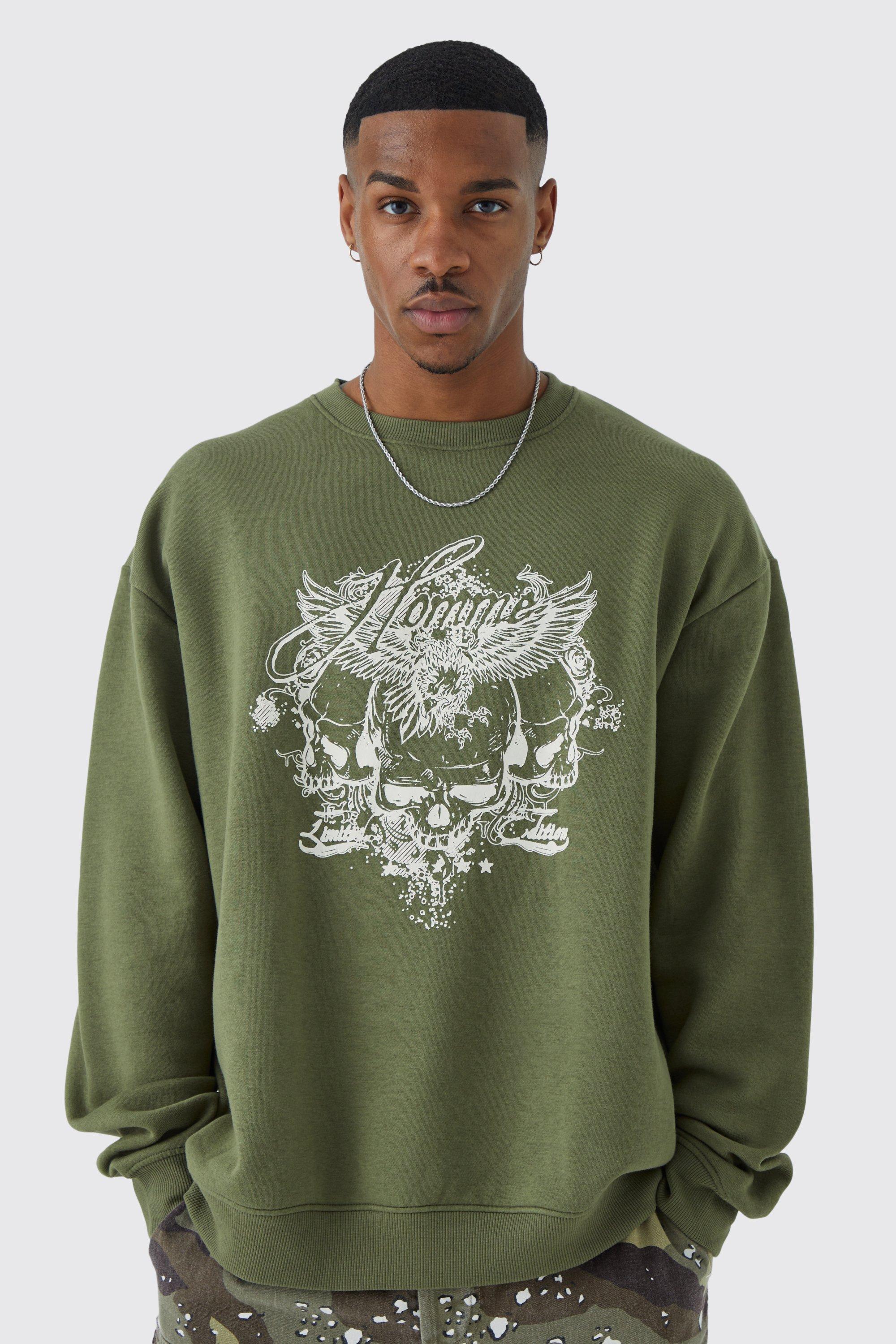Mens Green Oversized Vintage Skull Graphic Sweatshirt, Green