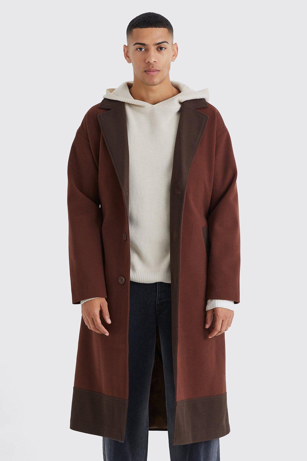 manteau long color block à ceinture homme - brun - xs, brun