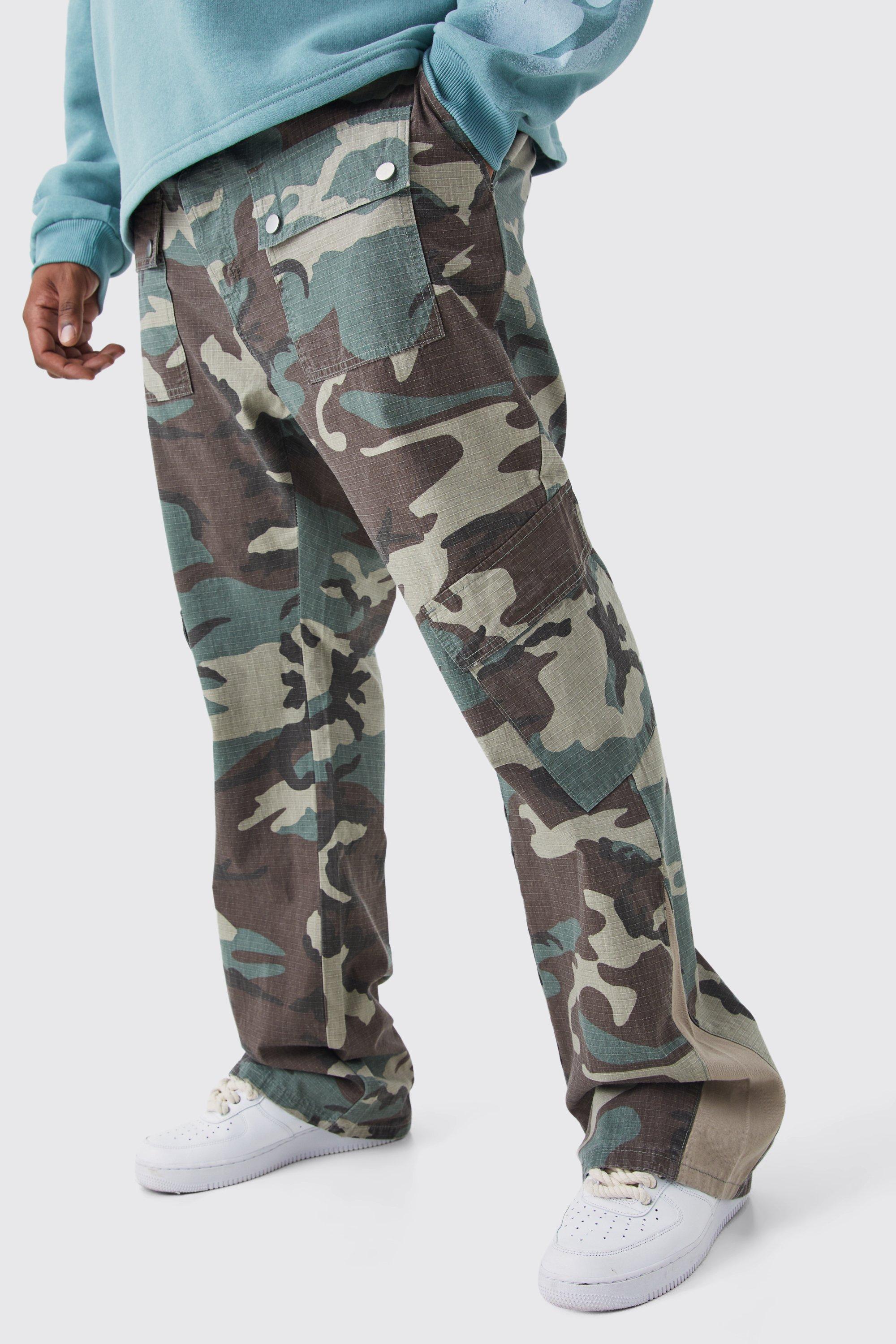 Mens Green Plus Slim Stacked Gusset Flare Multi Cargo Camo Trouser, Green
