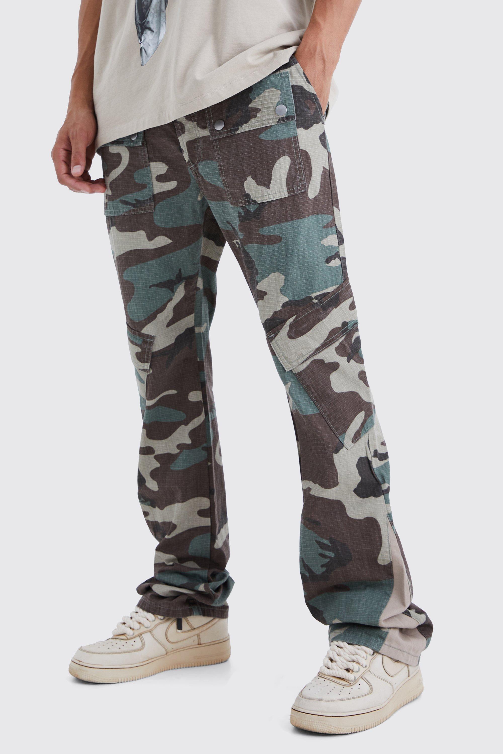 Mens Green Tall Slim Stacked Gusset Flare Multi Cargo Camo Trouser, Green
