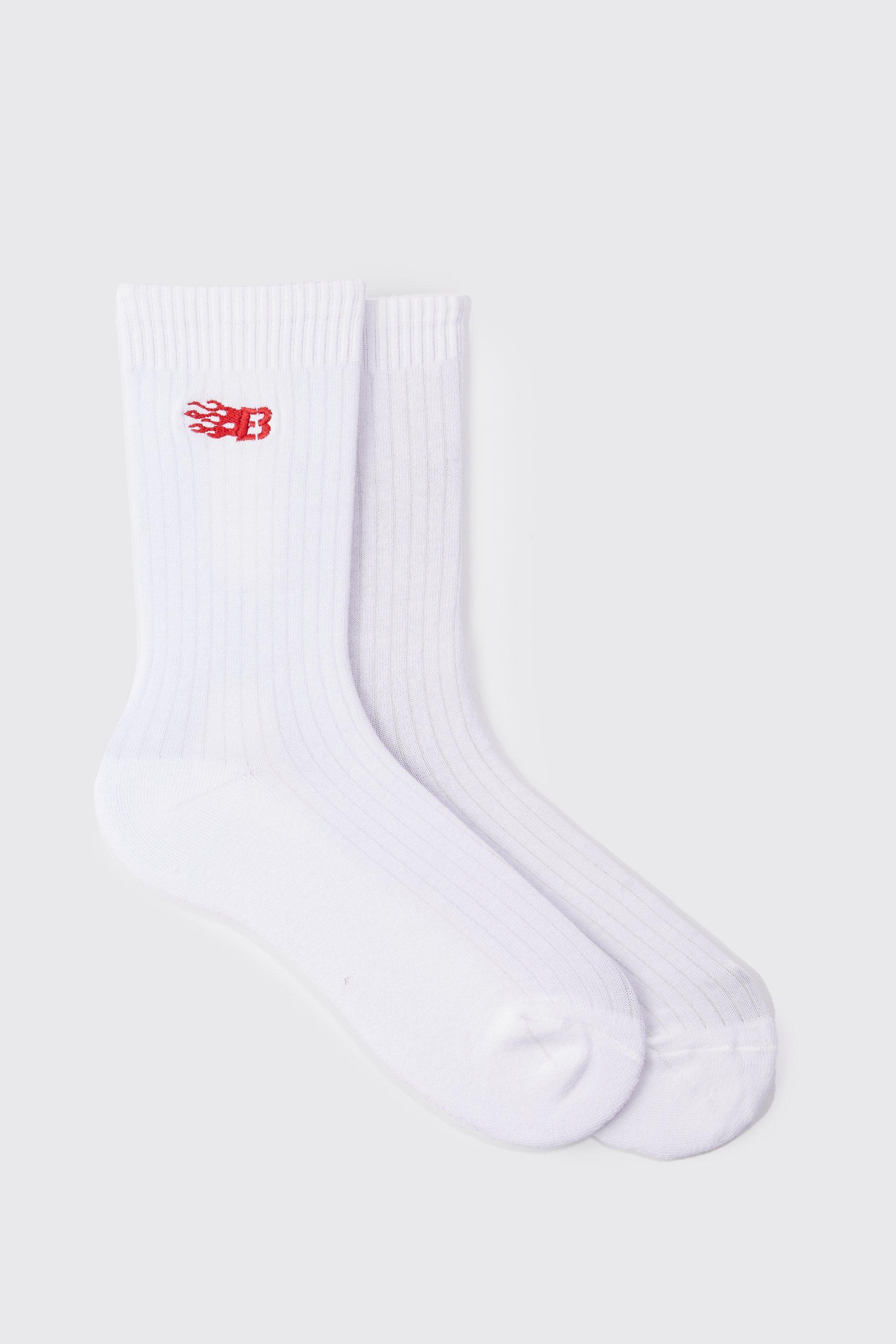 Mens White B Logo Embroidered Sports Socks