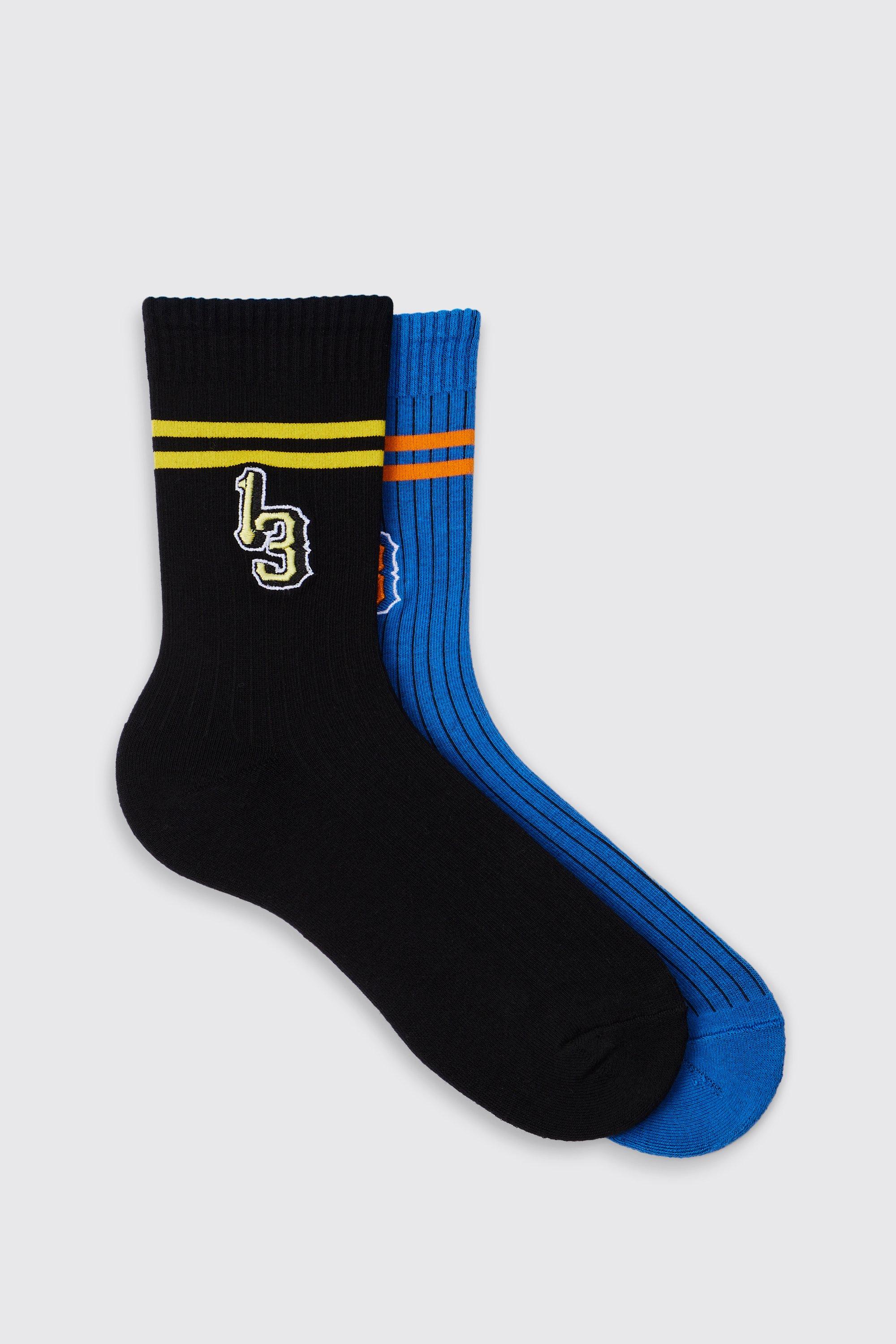 Mens Multi 2 Pack 13 Embroidered Sports Stripe Socks