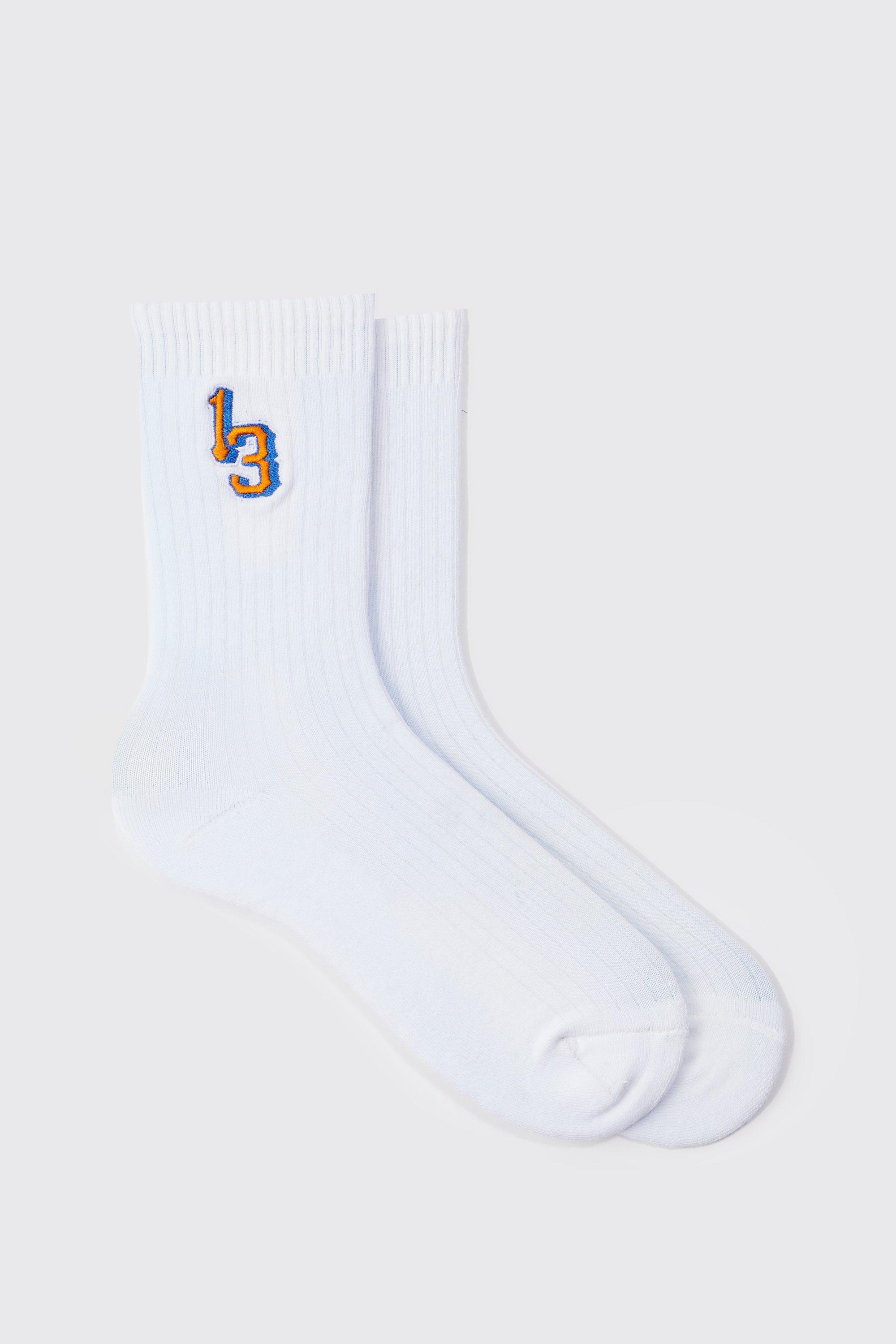 Mens White 13 Embroidered Sports Socks