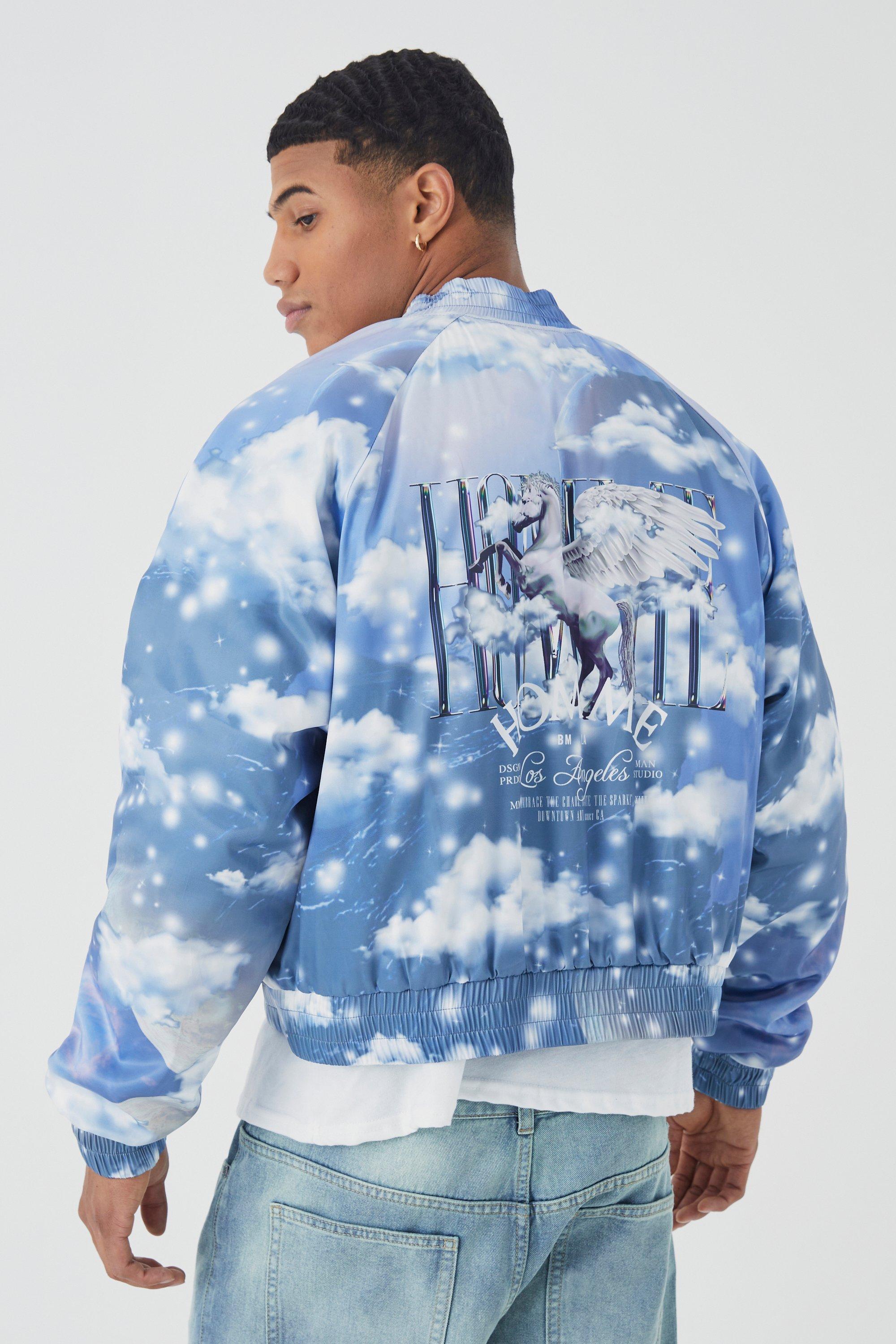 Mens Grey Boxy Cloud Print Satin Bomber With Embroidery, Grey