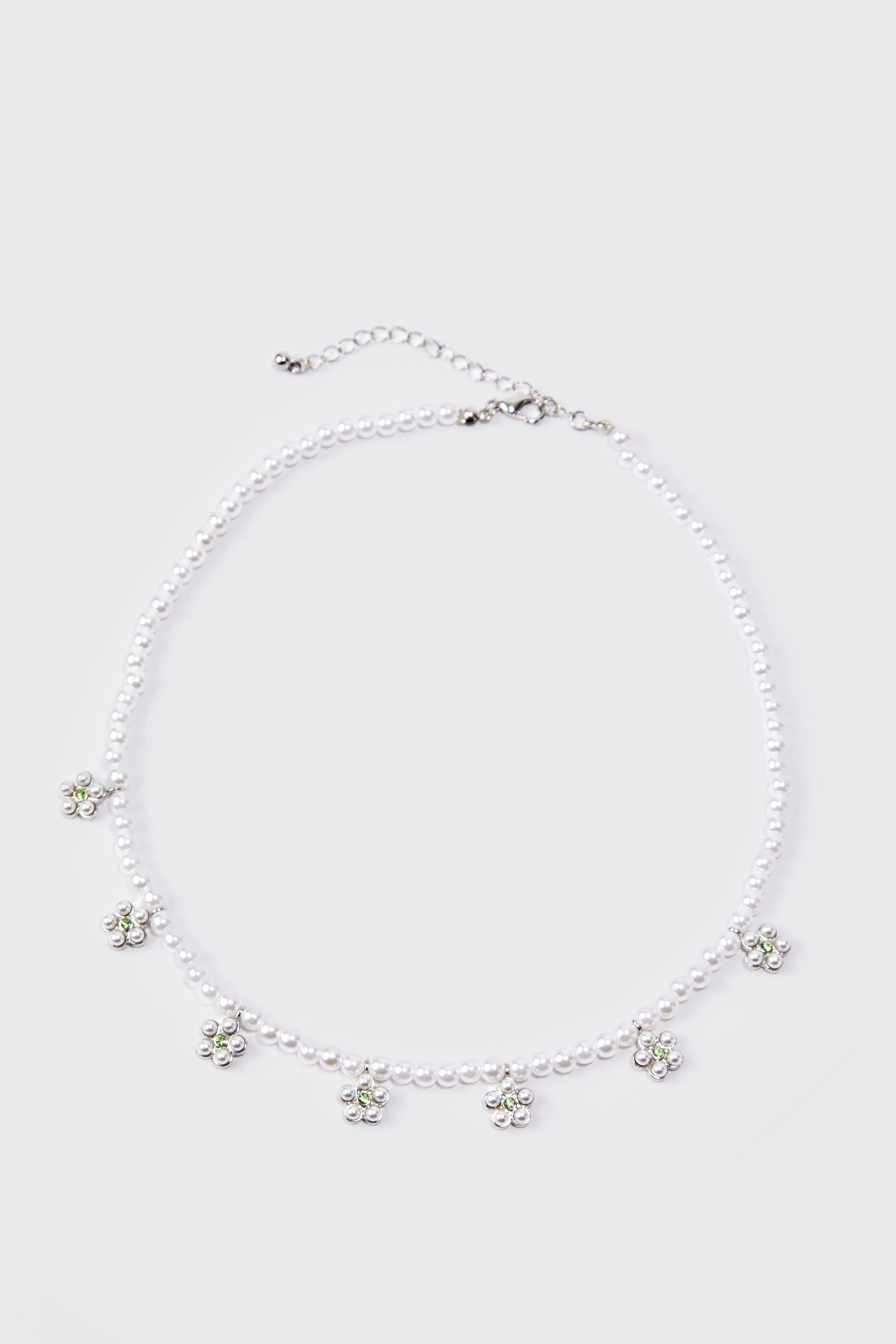 Men's Pearl Flower Necklace - White - One Size, White