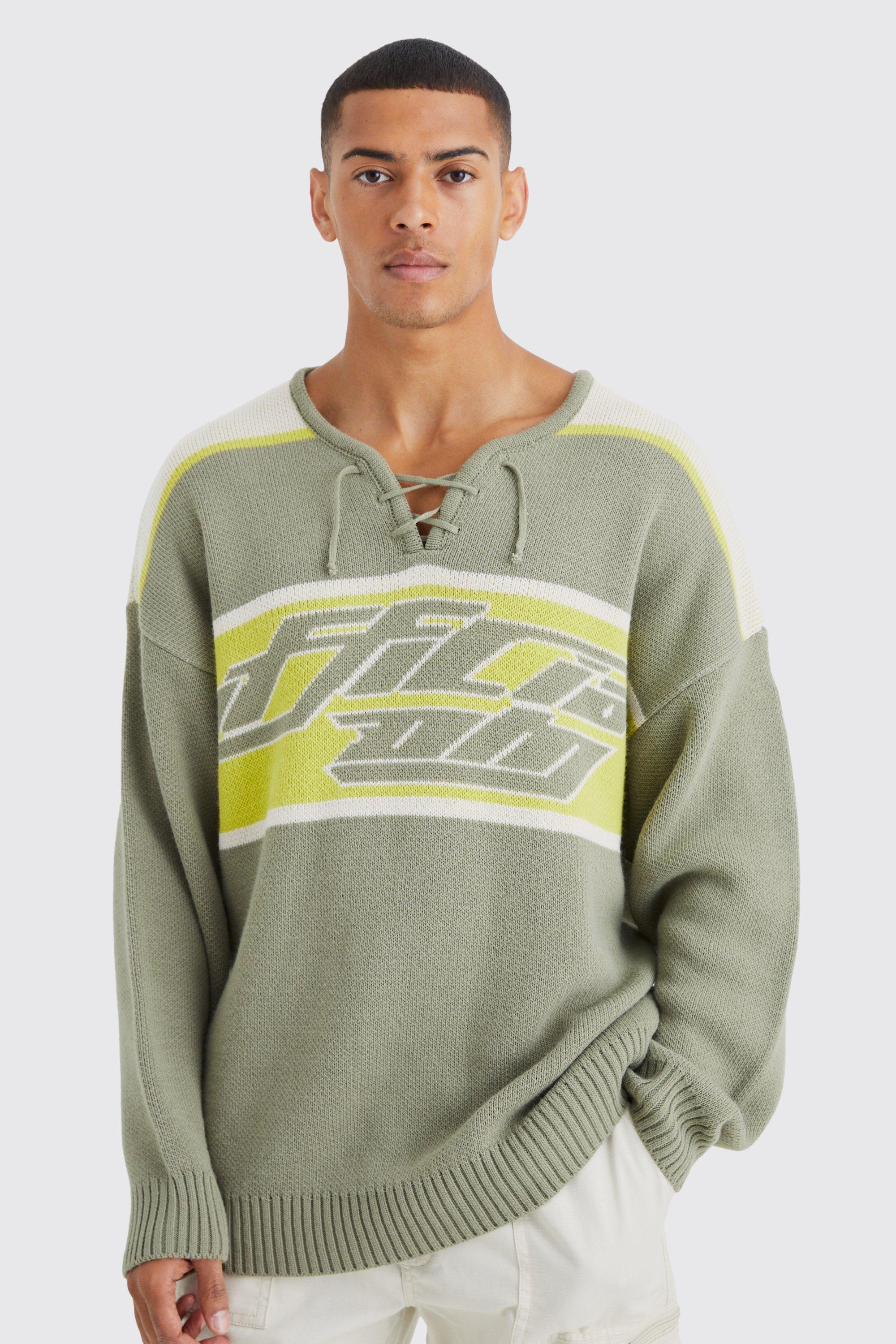 Mens Green Oversized Knitted Hockey Top With Tie Detail, Green