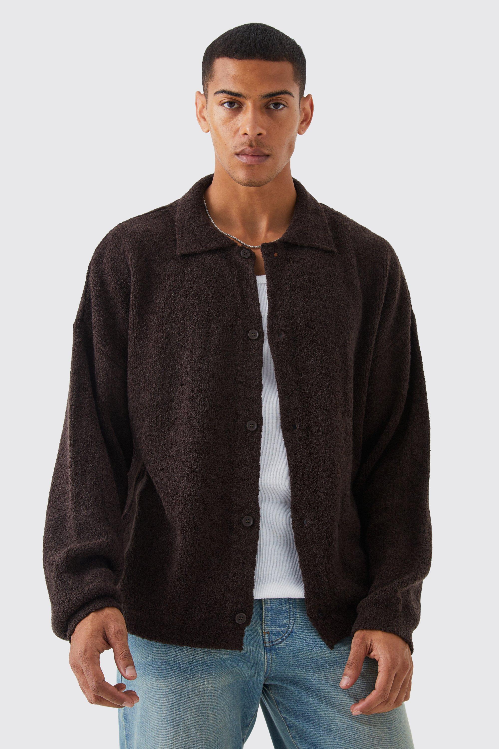 Mens Brown Boxy Fit Brushed Knit Cardigan