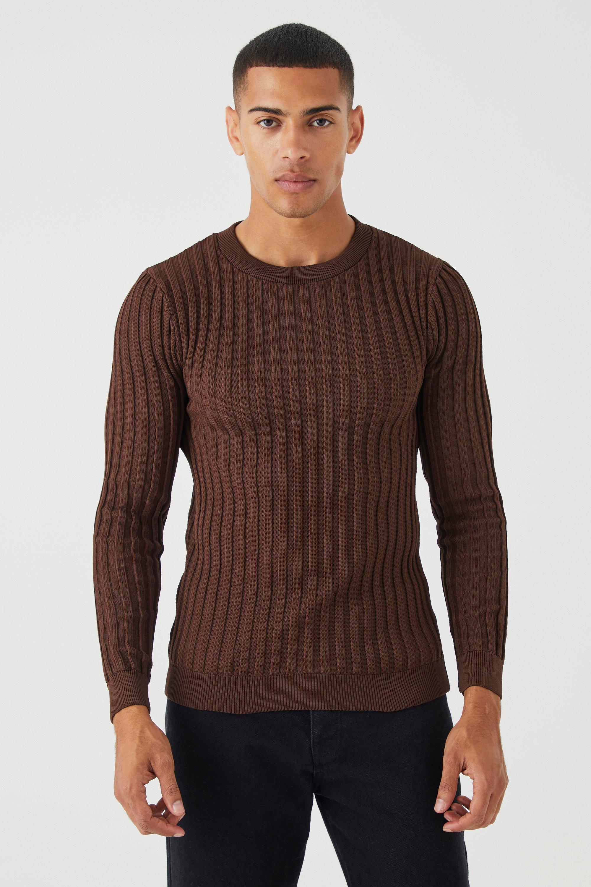 Mens Brown Muscle Fit Ribbed Long Sleeve Jumper