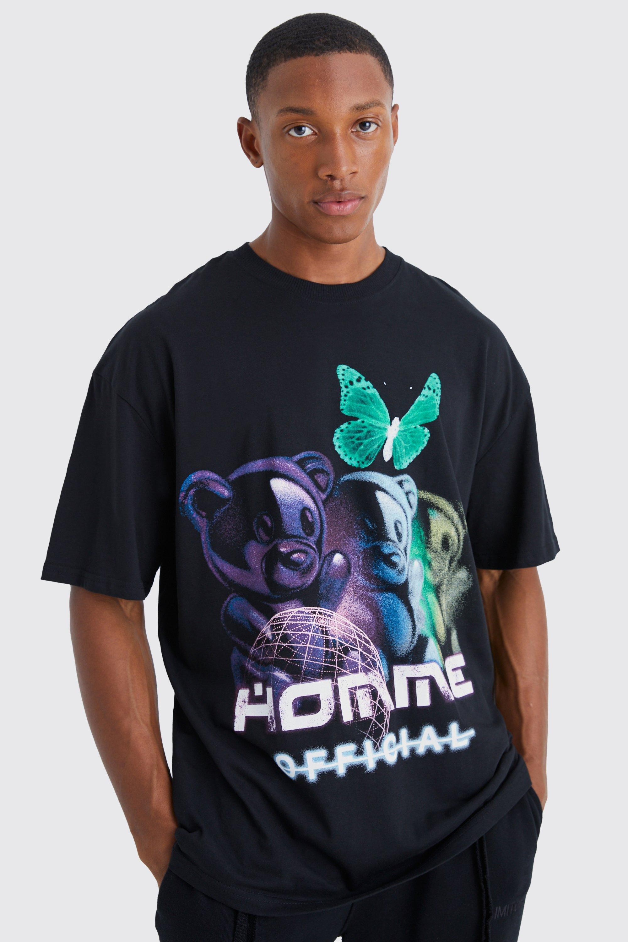 Mens Black Oversized Teddy Butterfly Graphic T-shirt
