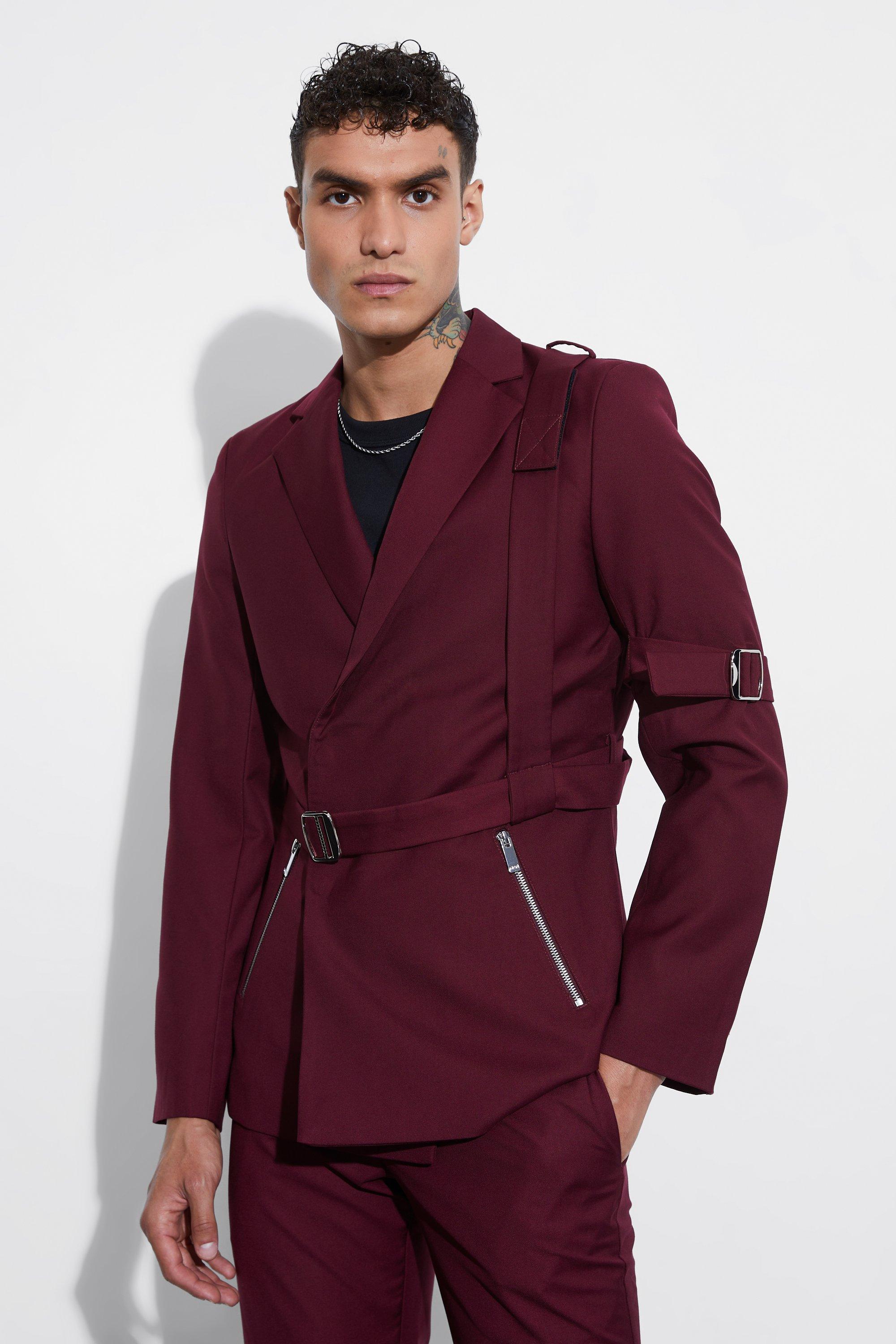 Mens Wine Skinny Fit Suit Blazer With Strap Detail