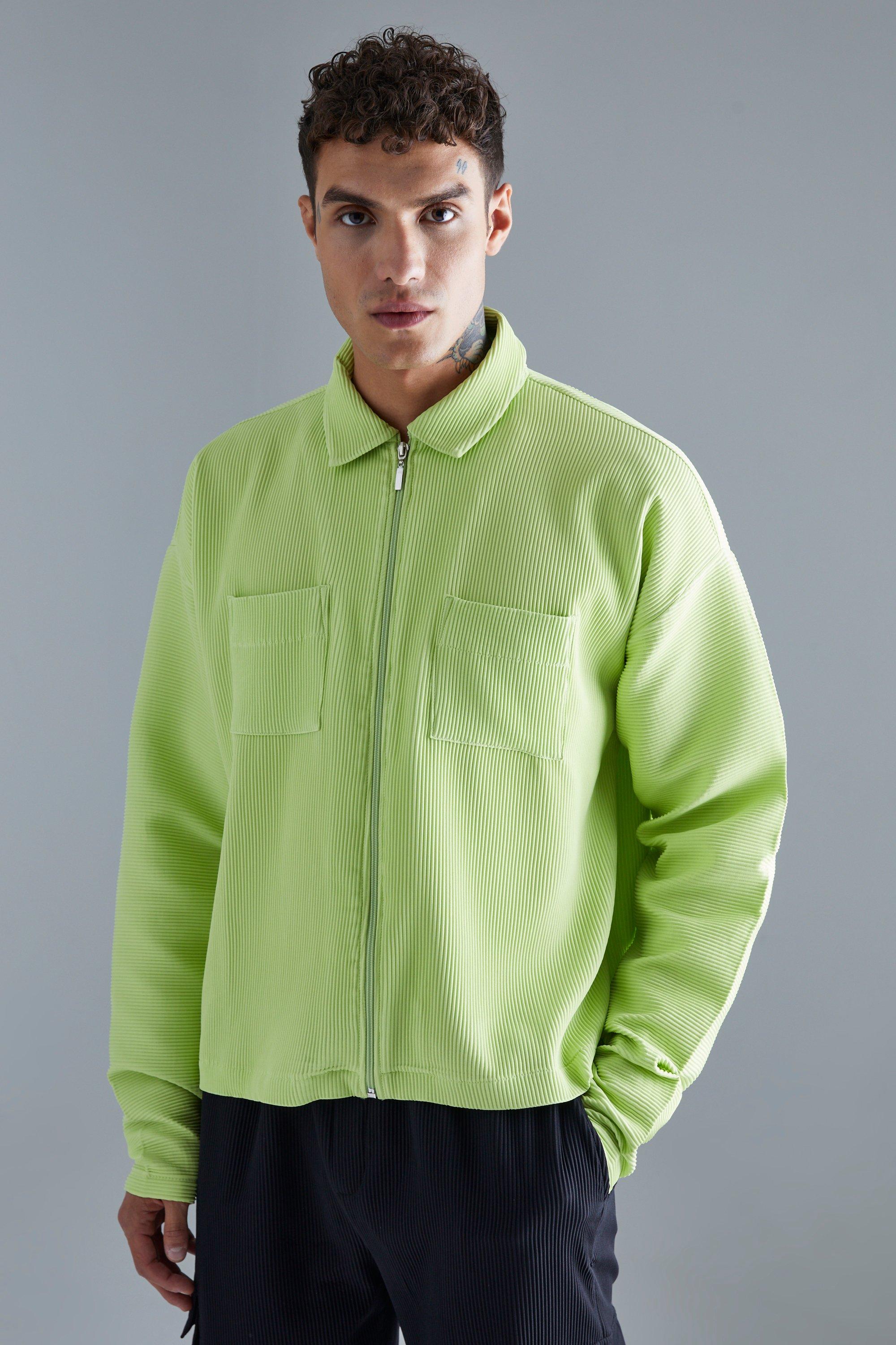 Mens Green Pleated Longsleeve Zip Up Boxy Shirt, Green