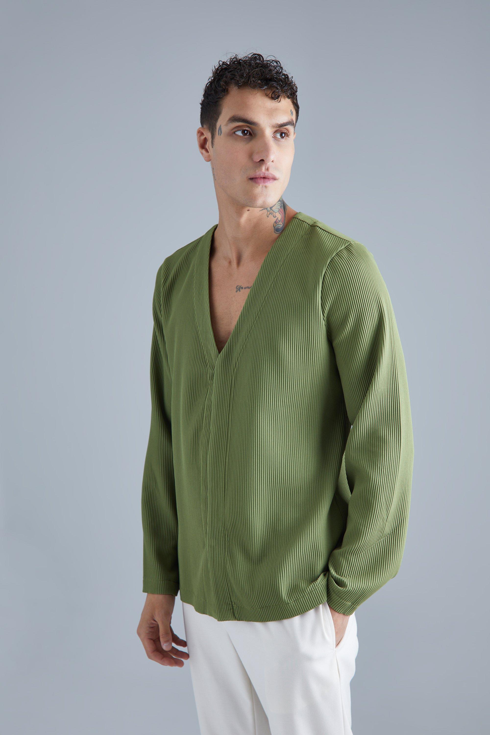 Mens Green Pleated Slim Collarless Concealed Button Blazer, Green