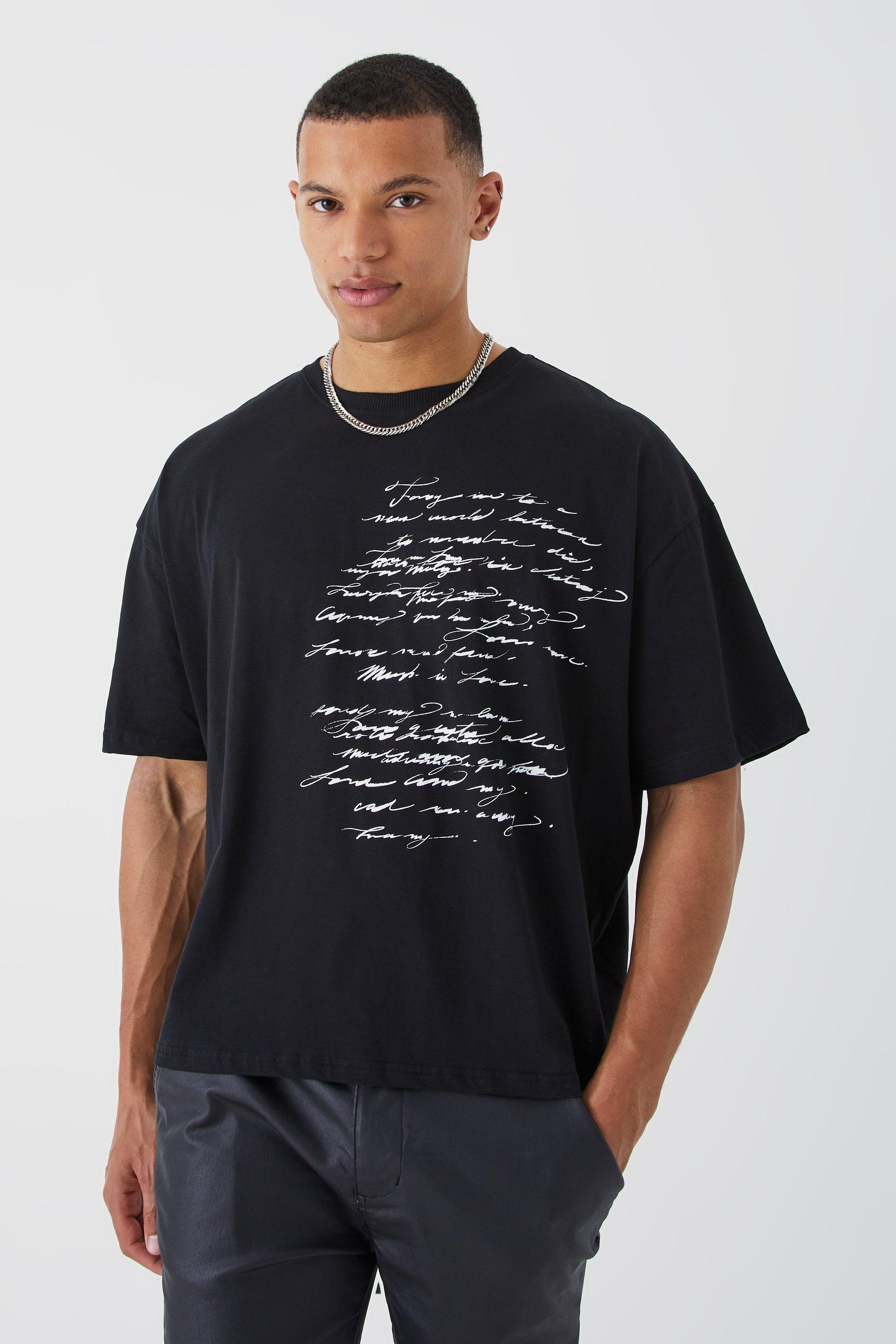 Mens Black Tall Oversized Boxy Script Placement T-shirt, Black