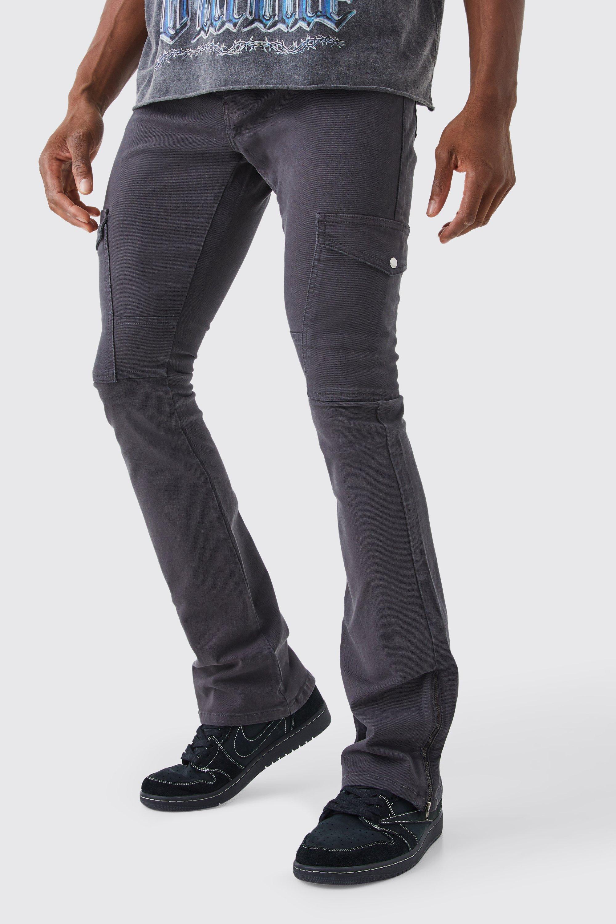 Mens Charcoal Fixed Waist Skinny Stacked Zip Gusset Cargo Trouser