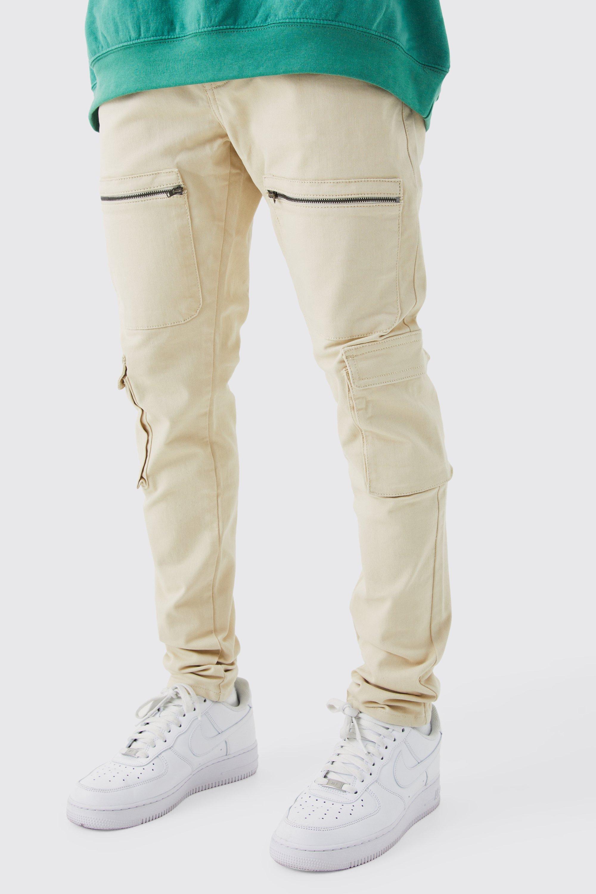 Image of Pantaloni Cargo Skinny Fit con zip e vita fissa, Beige