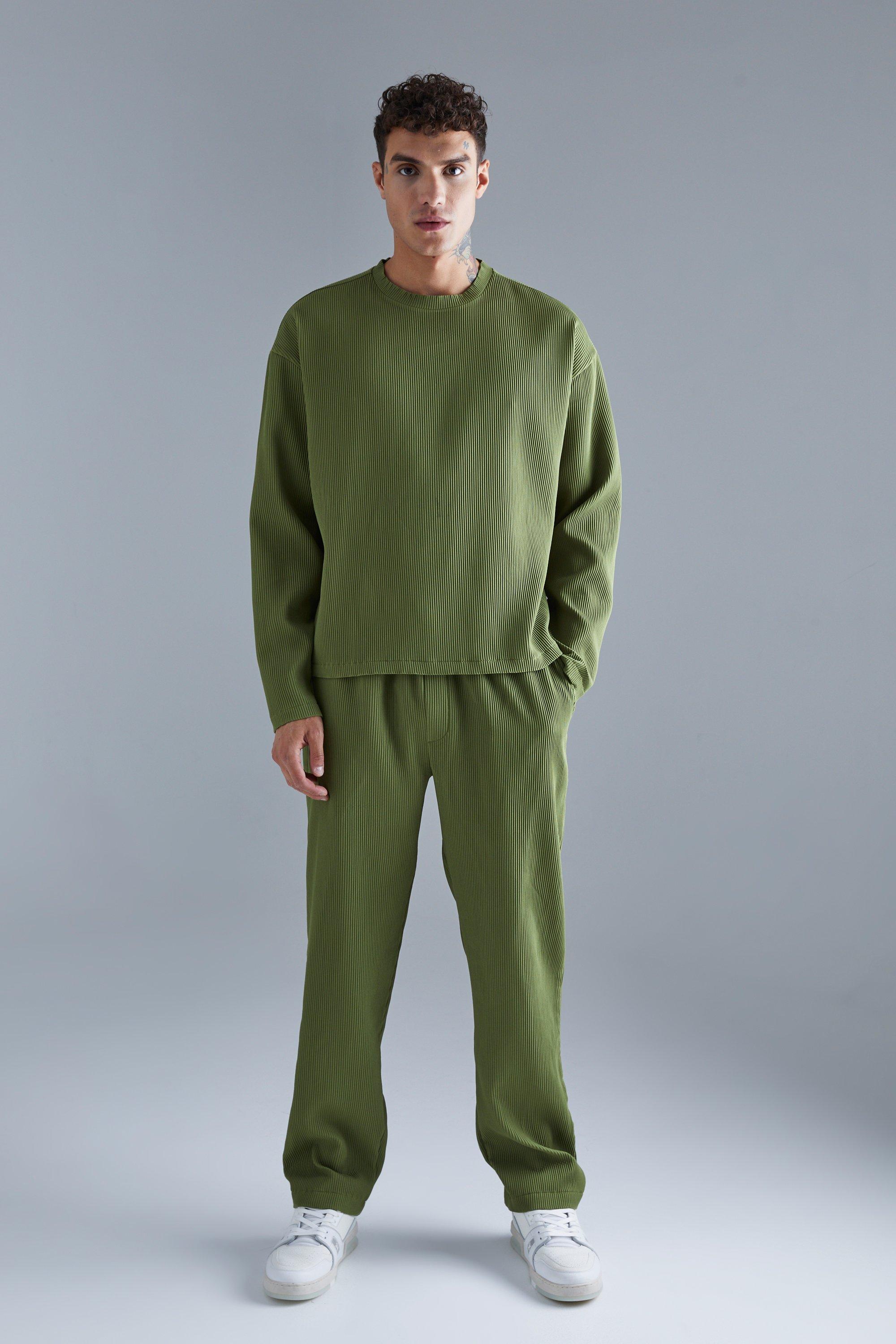 Mens Green Pleated Longsleeve Oversized Boxy T & Straight Trouser Set, Green