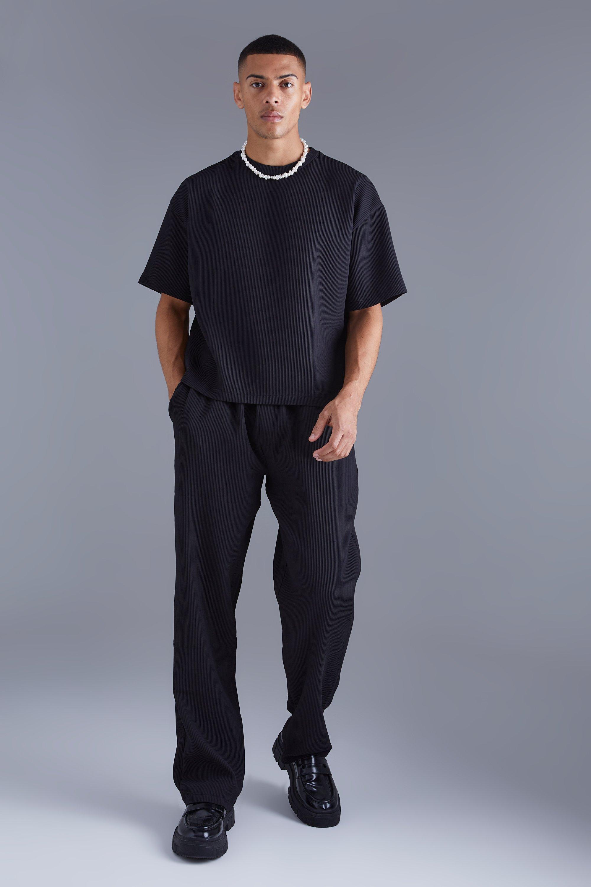 Mens Black Pleated Oversized Boxy T-shirt & Elasticated Relaxed Trouser