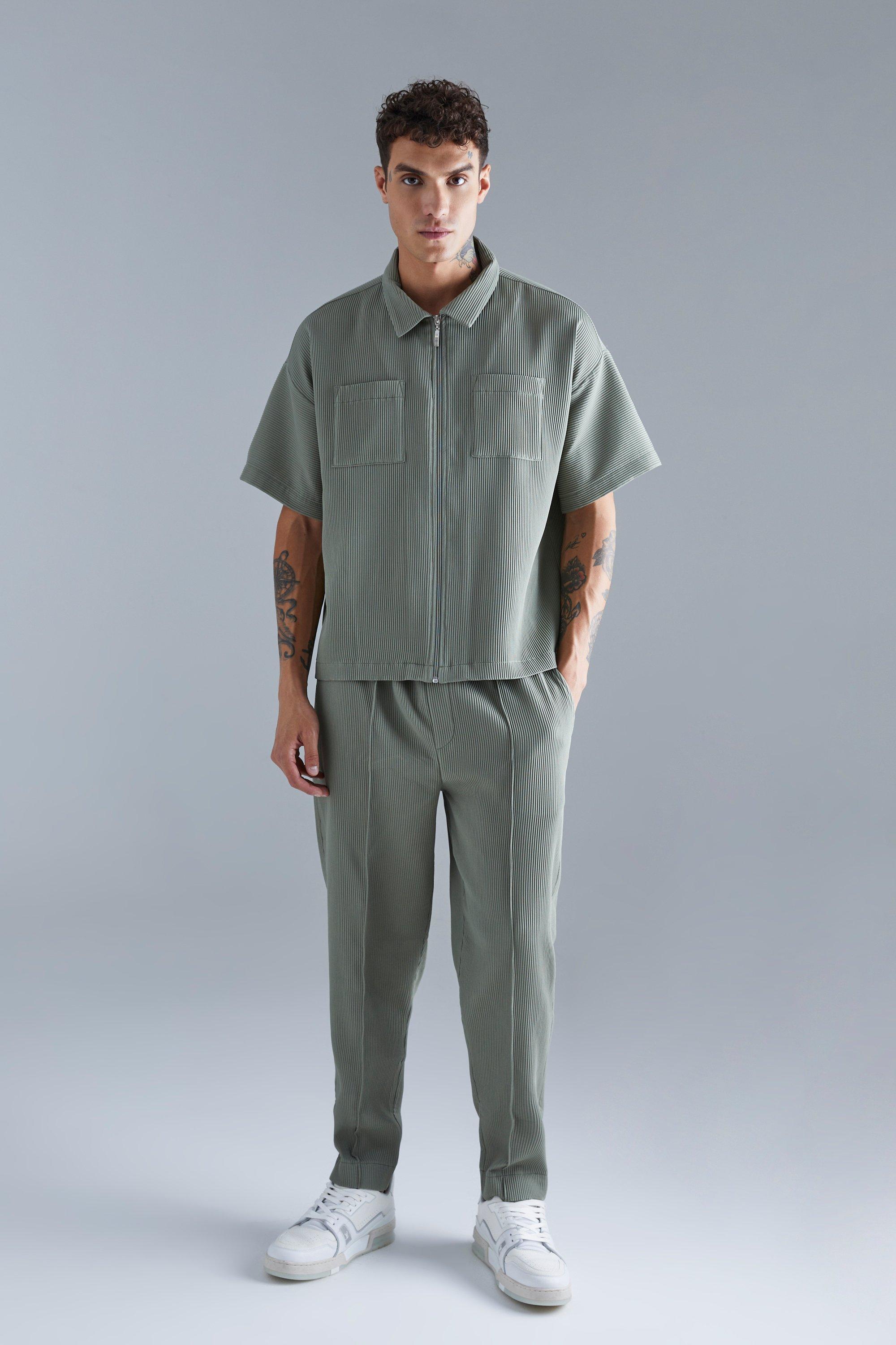 Mens Green Pleated Short Sleeve Shirt & Elasticated Pintuck Trouser Set, Green