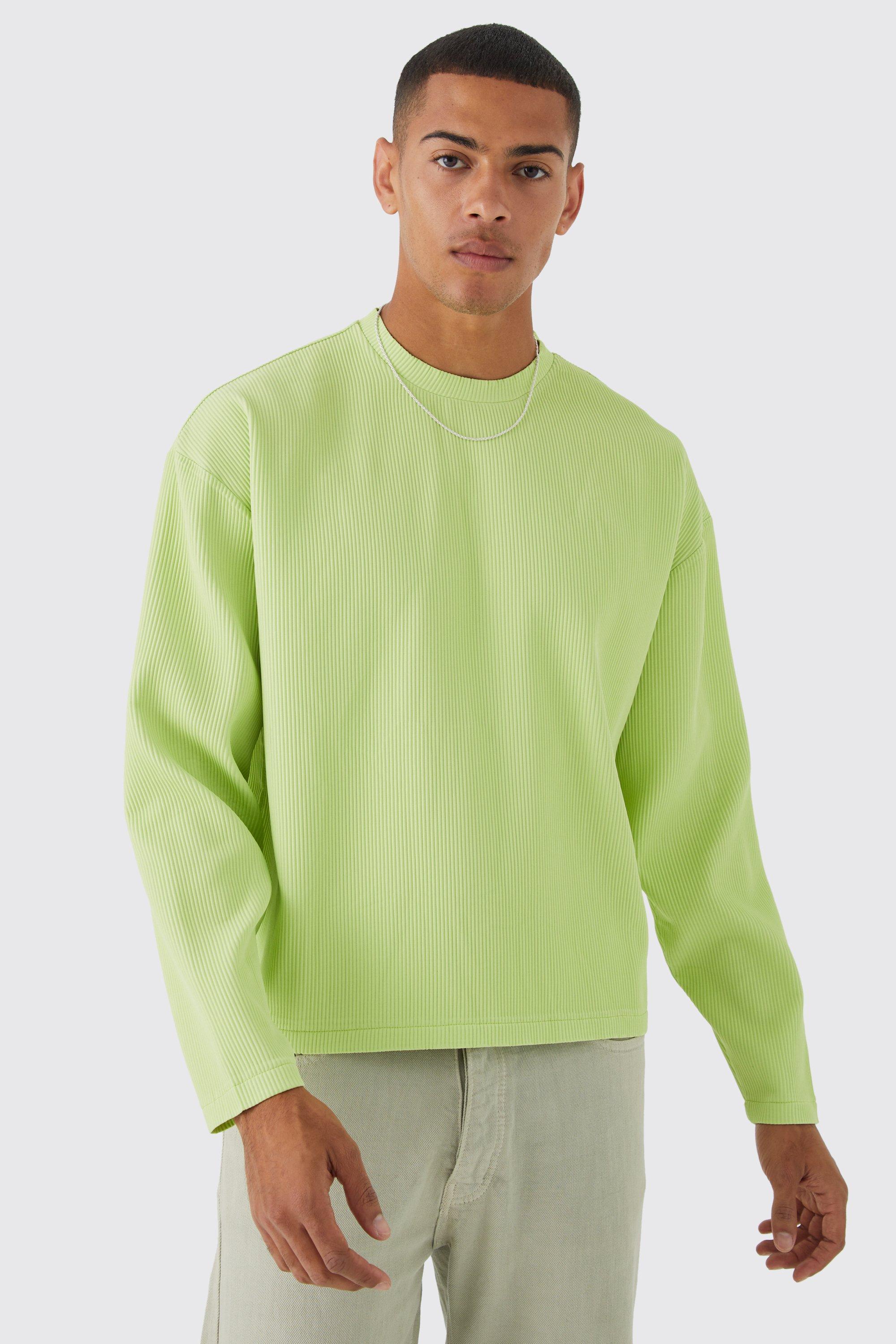 Mens Green Pleated Longsleeve Sleeve Oversized Boxy T-shirt, Green
