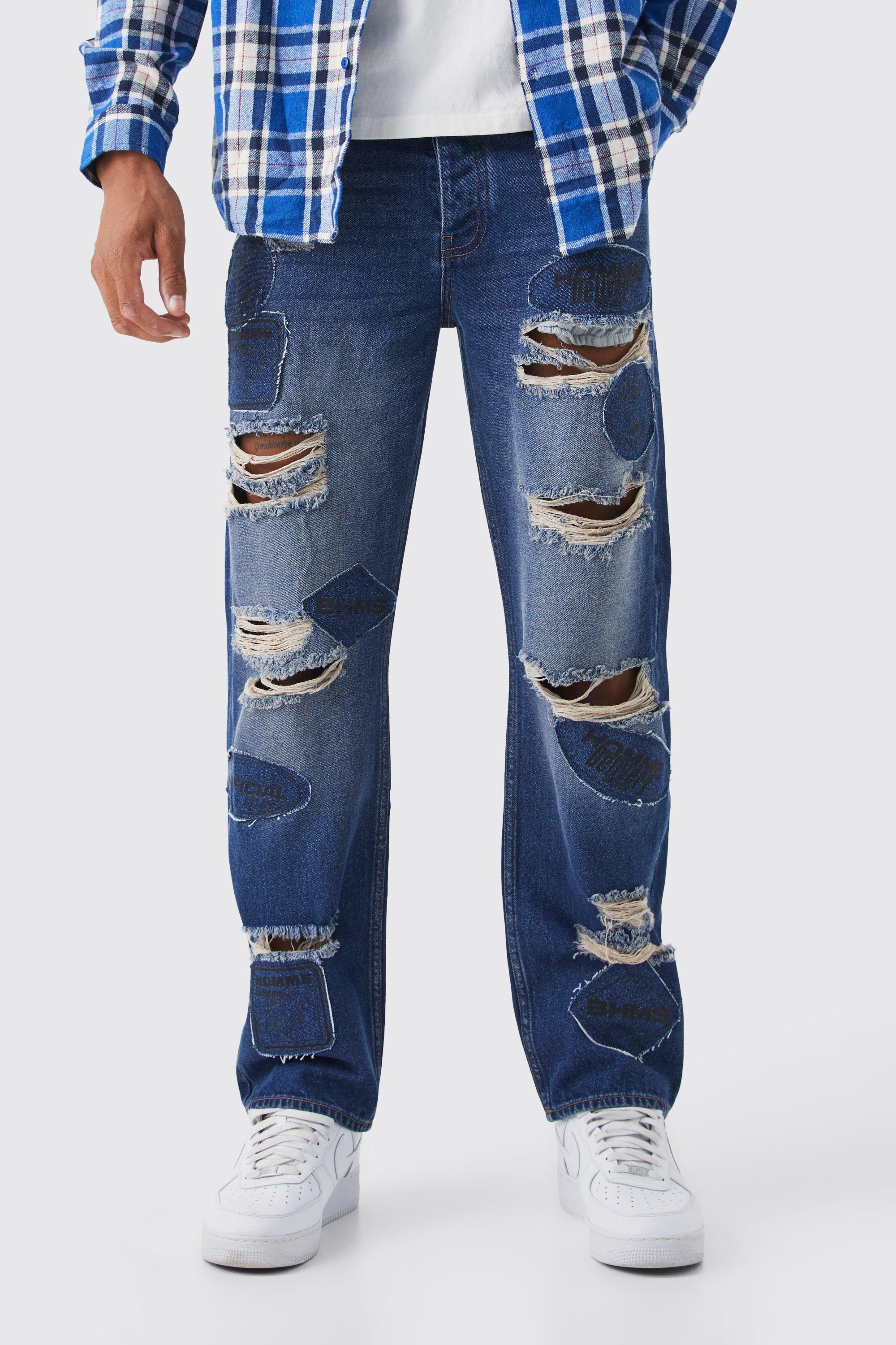 Image of Jeans Tall rilassati in denim rigido con applique strappati, Azzurro