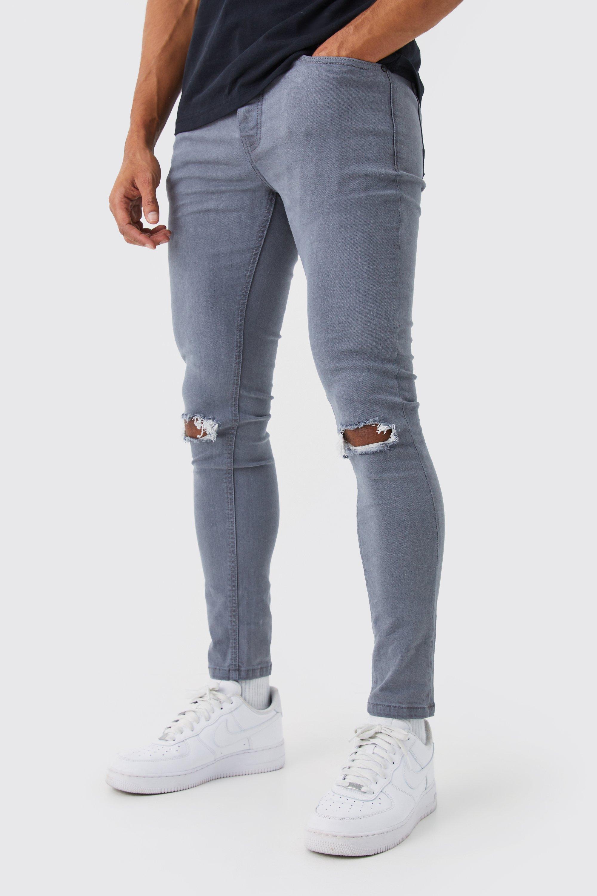Mens Grey Super Skinny Stretch Ripped Knee Jeans, Grey