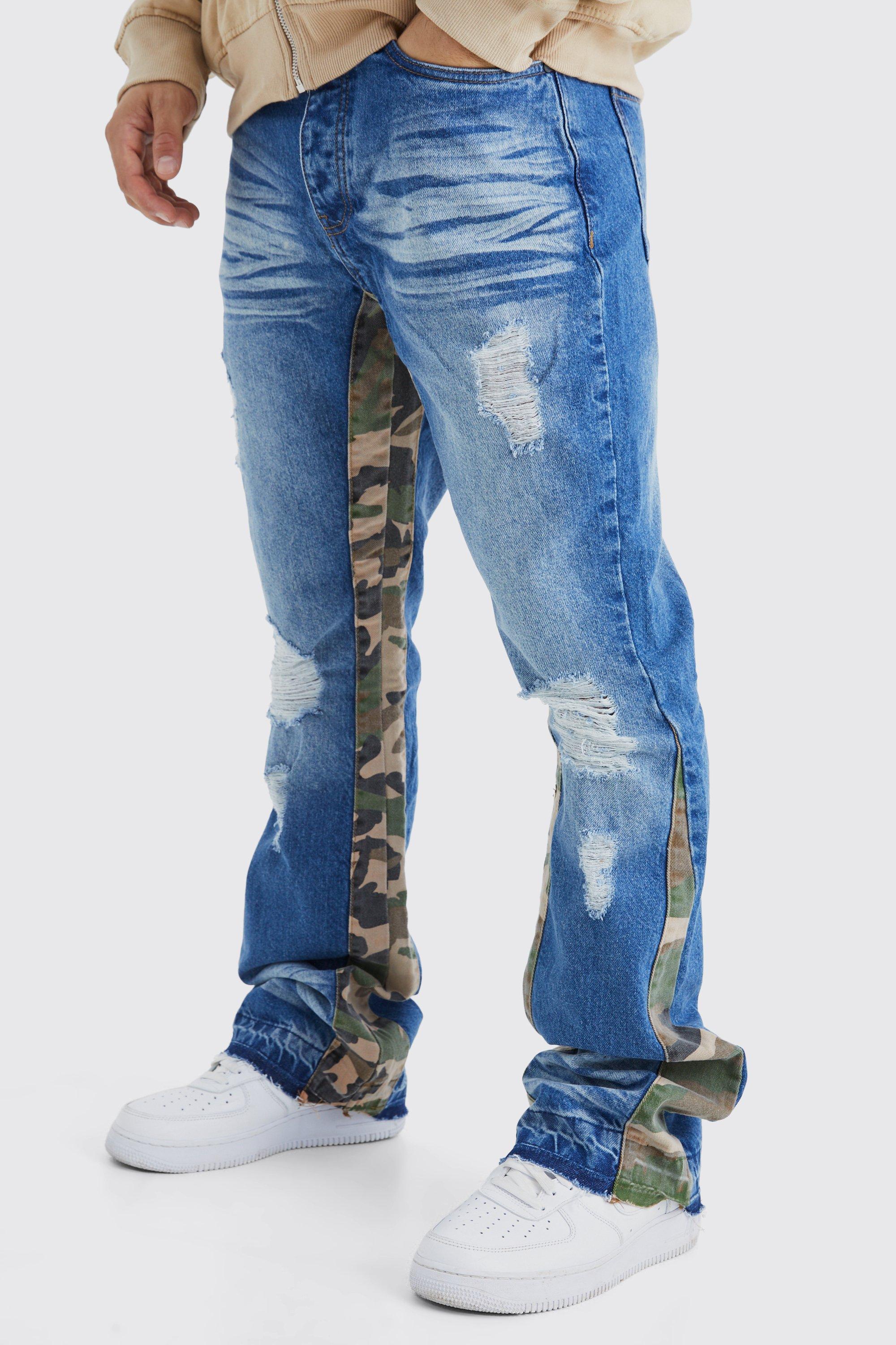 Boohoo Onbewerkte Flared Slim Fit Jeans Met Contrasterend Gusset Detail, Antique Blue