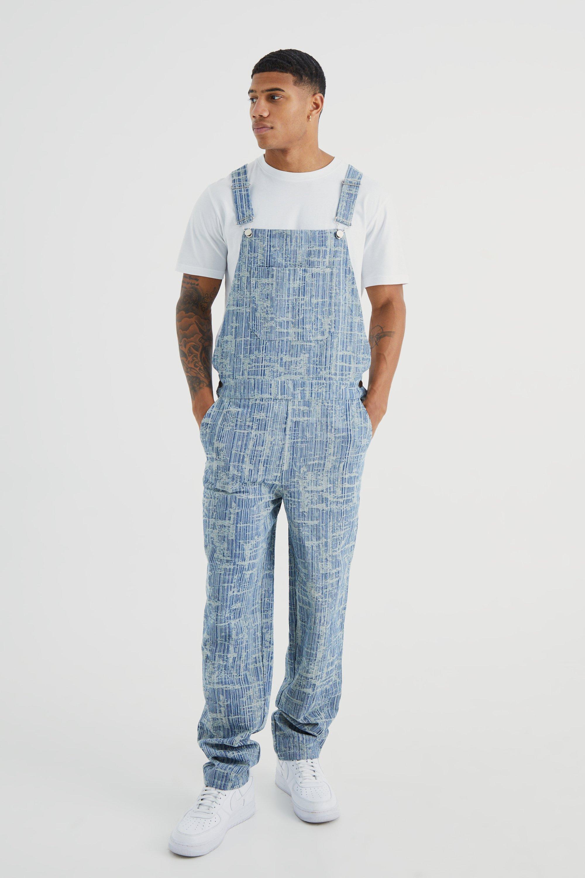 Mens Blue Relaxed Distressed Fabric Interest Dungaree, Blue