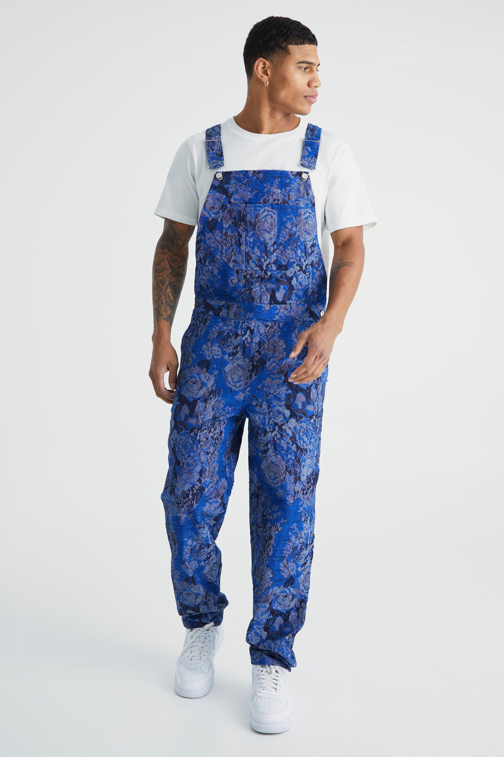 Mens Blue Relaxed Distressed Tapestry Dungaree, Blue